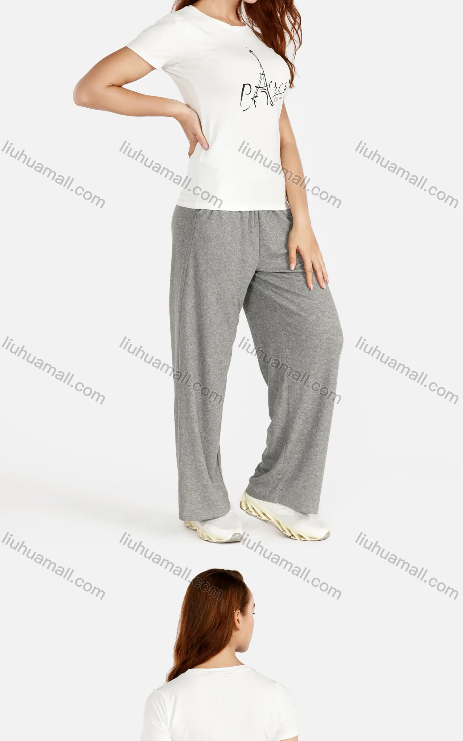 Wholesale Women's Summer Round Neck Letter Print Tee&Wide Leg Pants Set - Liuhuamall