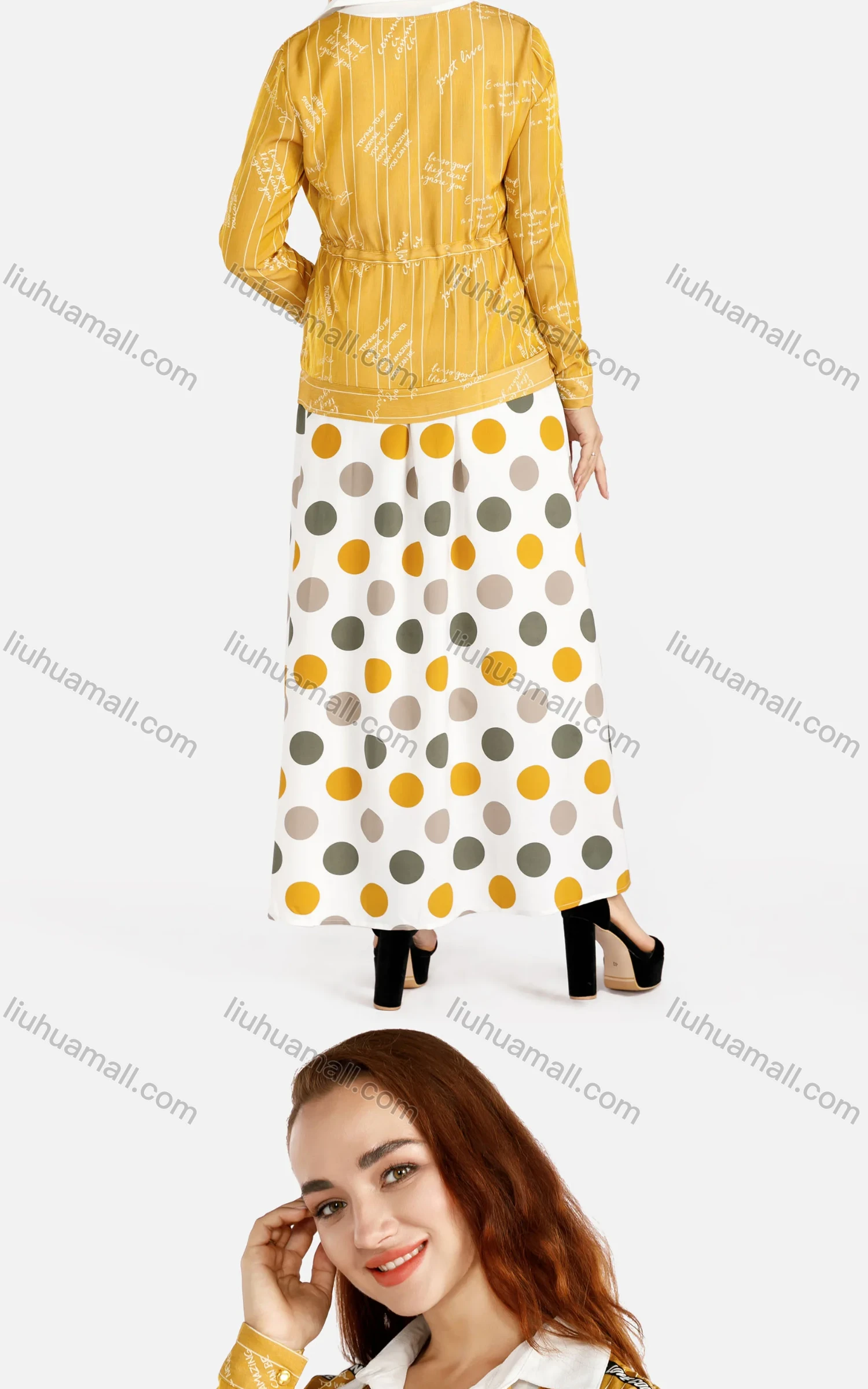 Wholesale Women's Casual Polka Dot Maxi Dress & Letter Print Drawstring Jacket 2 Pieces Set - Liuhuamall