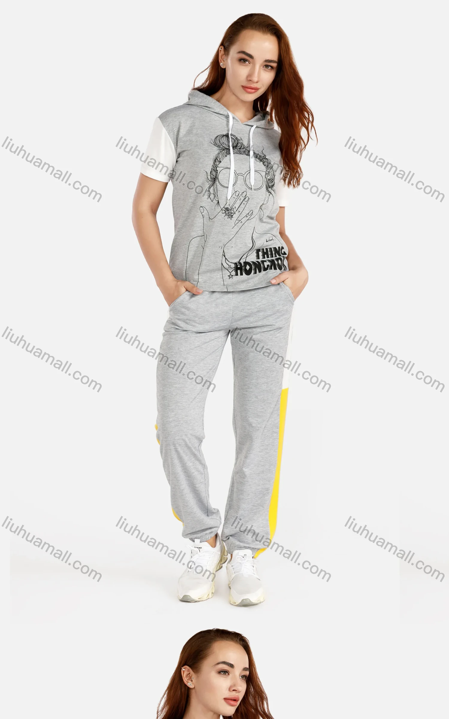 Wholesale Women's Spring Short Sleeve Figure Print Sweatshirt&Pants Hooded Set - Liuhuamall