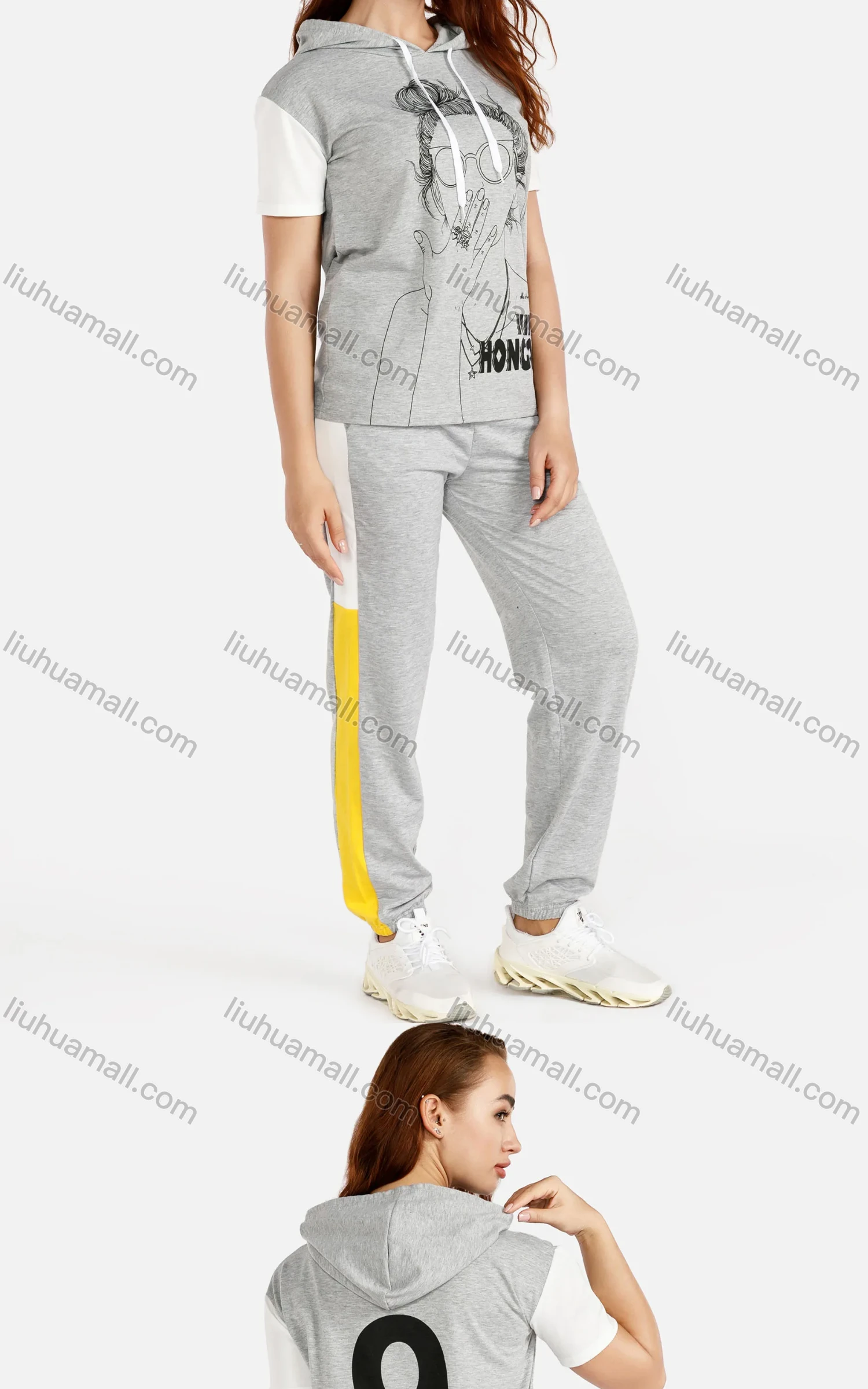 Wholesale Women's Spring Short Sleeve Figure Print Sweatshirt&Pants Hooded Set - Liuhuamall