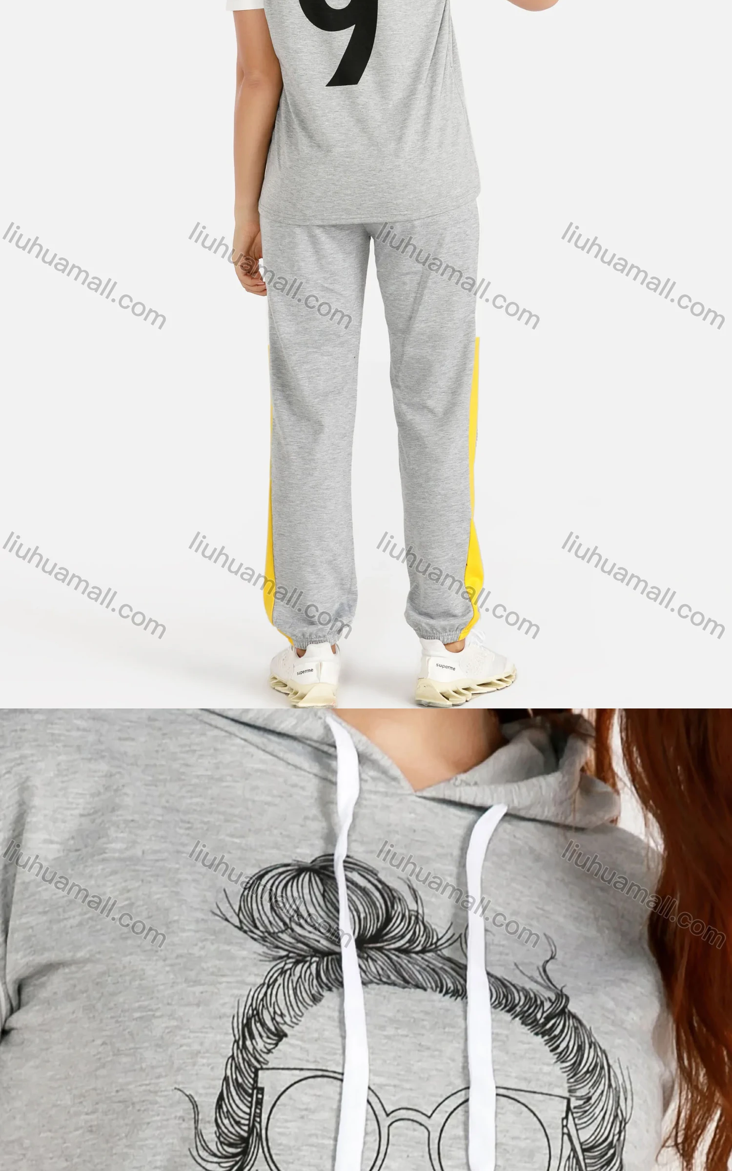 Wholesale Women's Spring Short Sleeve Figure Print Sweatshirt&Pants Hooded Set - Liuhuamall