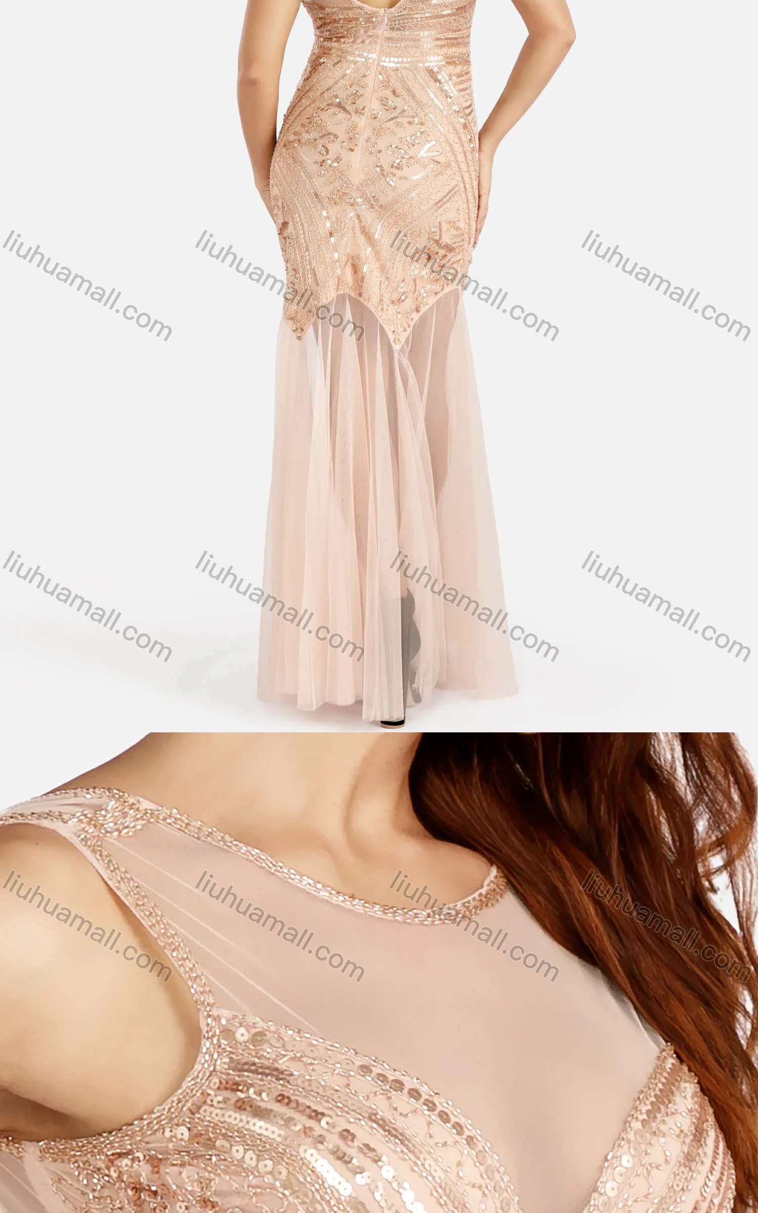 Wholesale Women's Sexy Sleeveless Transparent Mesh Round Neck Bodycon Sequin Dress - Liuhuamall