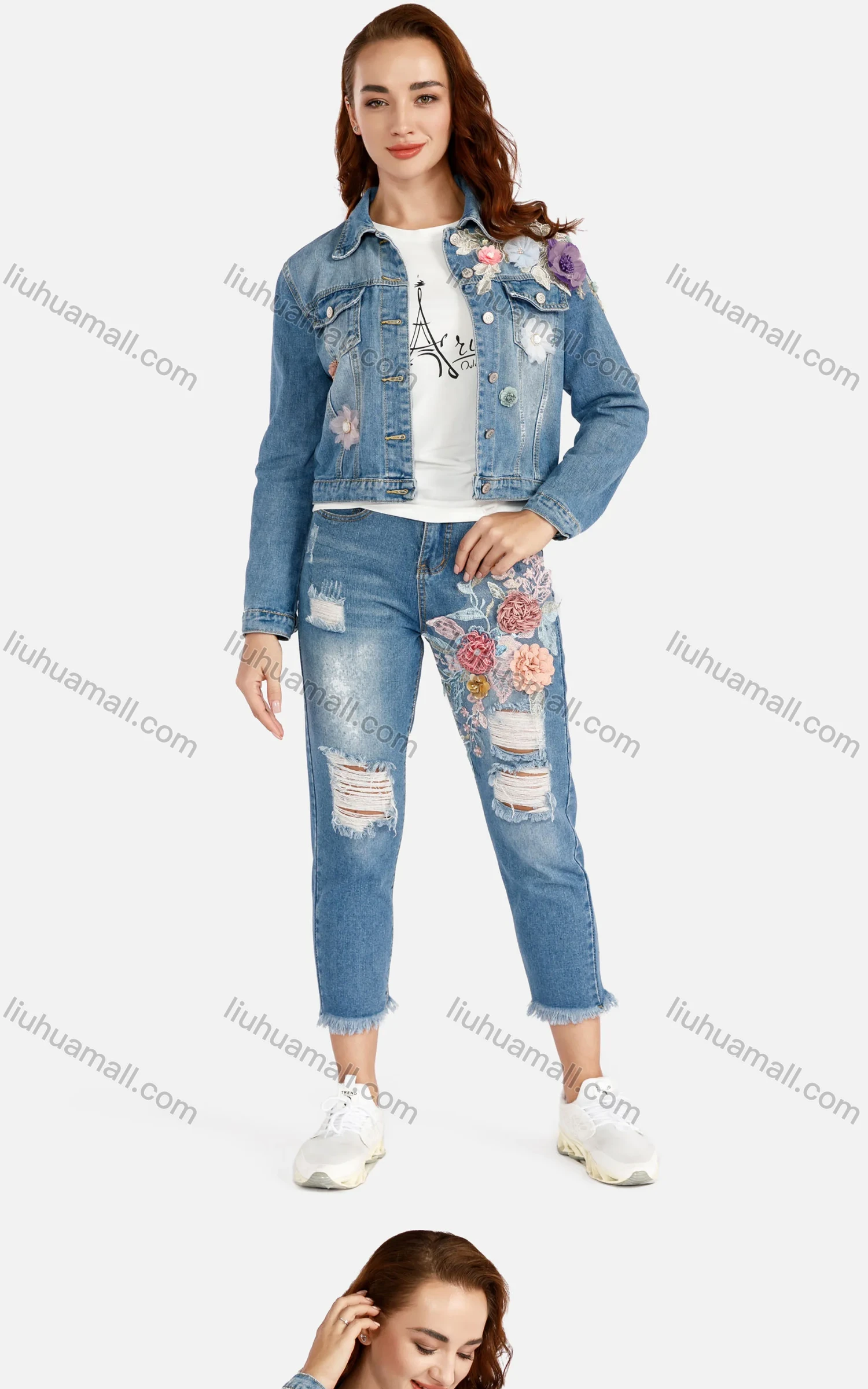 Wholesale Women's Fashion 3D Floral Long Sleeve Button Down Flap Pockets Crop Denim Jacket - Liuhuamall
