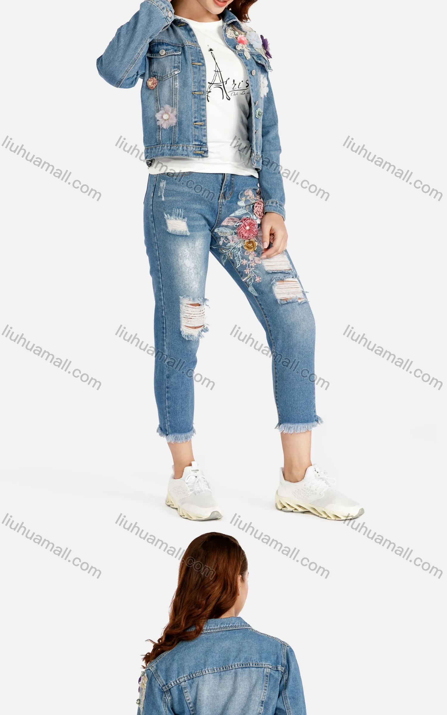 Wholesale Women's Fashion 3D Floral Long Sleeve Button Down Flap Pockets Crop Denim Jacket - Liuhuamall