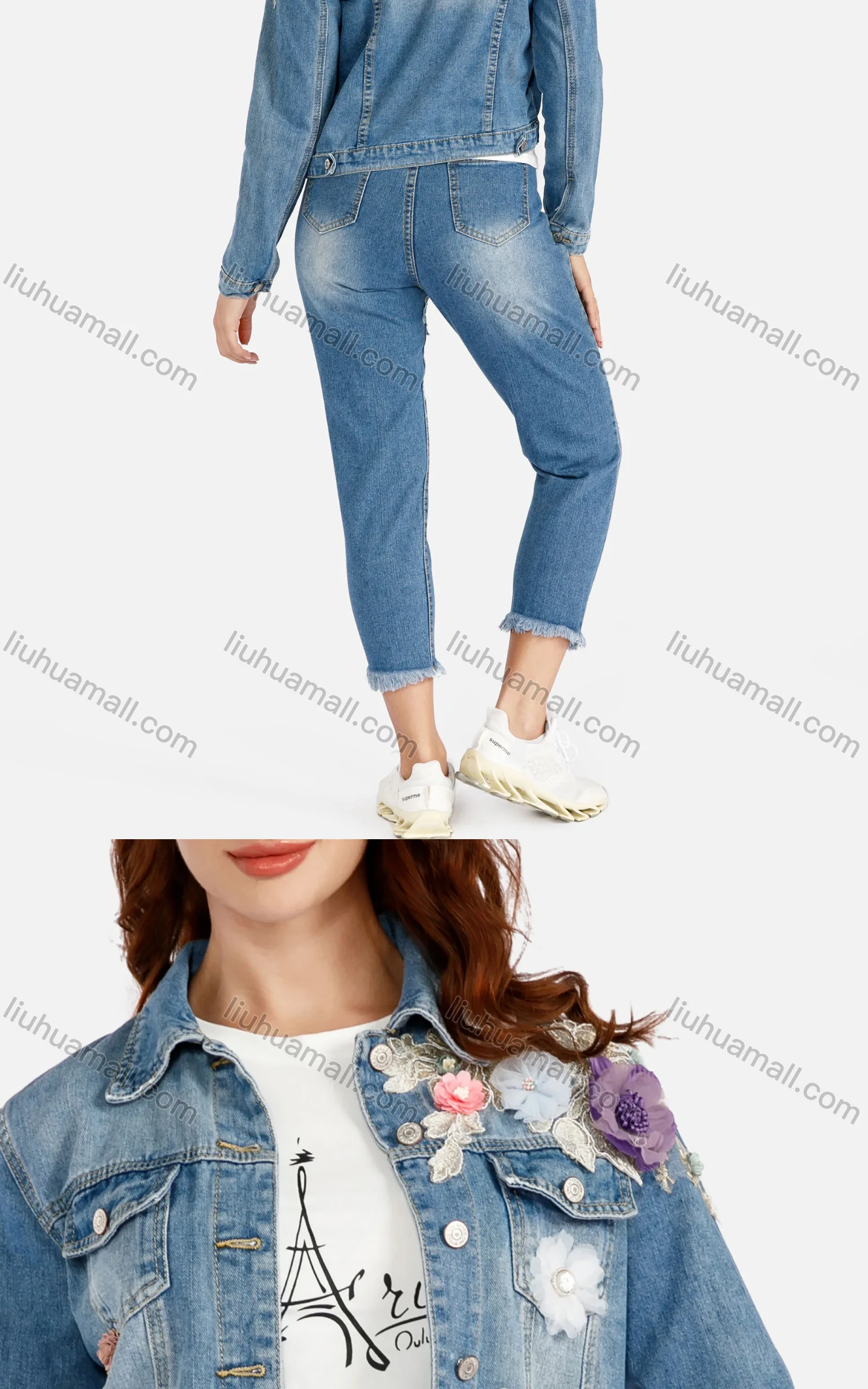 Wholesale Women's Fashion 3D Floral Long Sleeve Button Down Flap Pockets Crop Denim Jacket - Liuhuamall