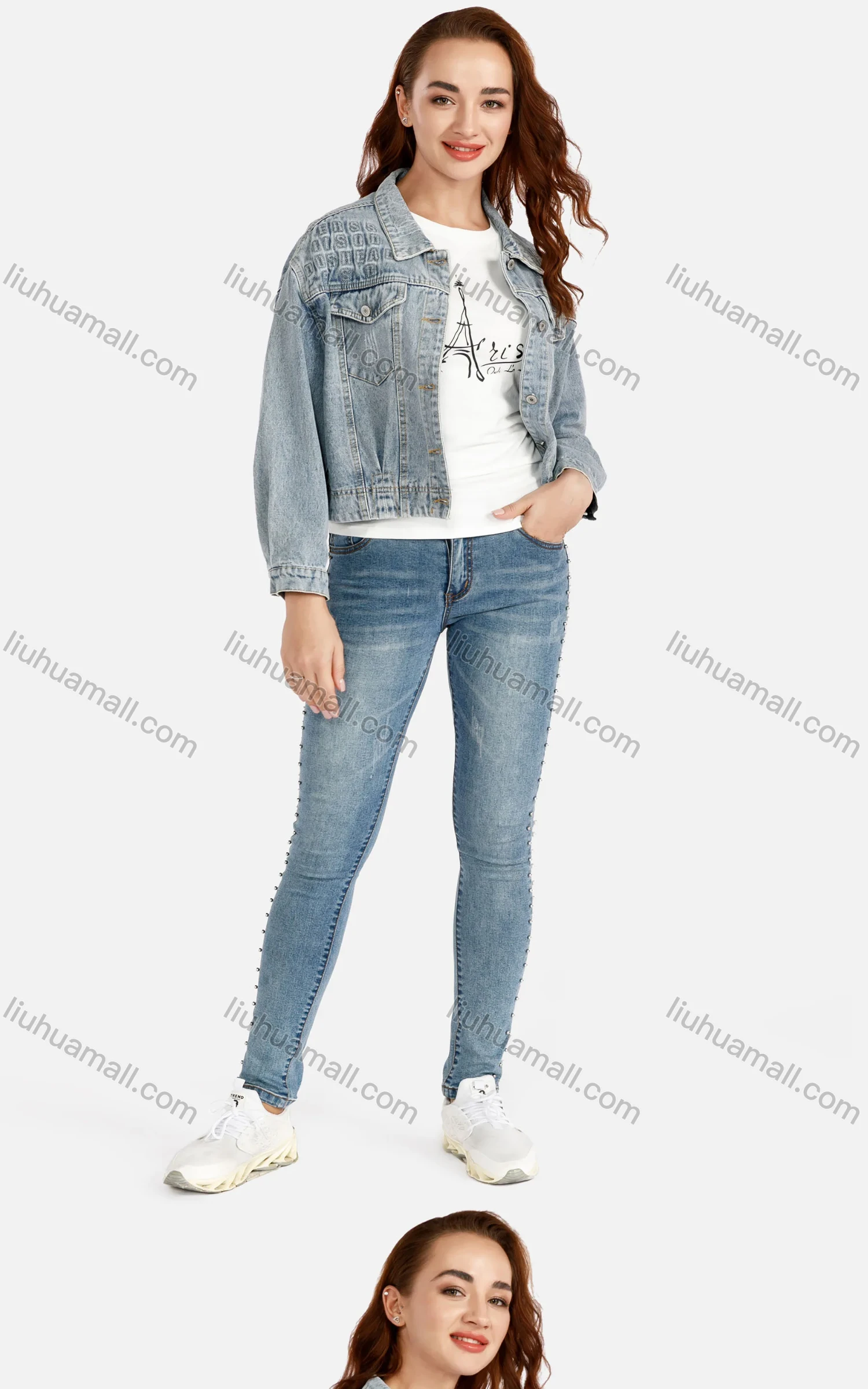 Wholesale Women's Casual Long Sleeve Letter Print Button Down Distressed Crop Denim Jacket - Liuhuamall