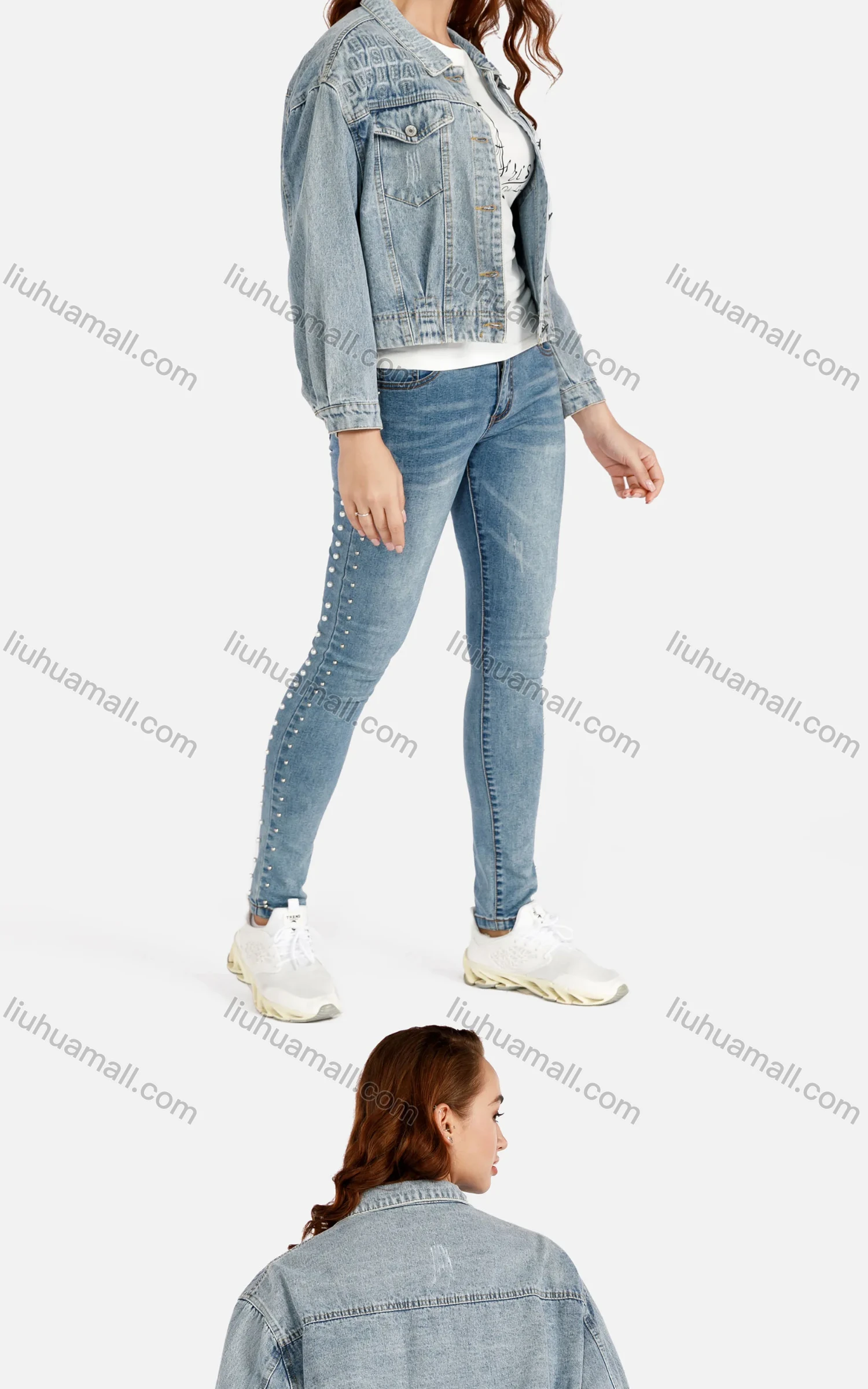 Wholesale Women's Casual Long Sleeve Letter Print Button Down Distressed Crop Denim Jacket - Liuhuamall