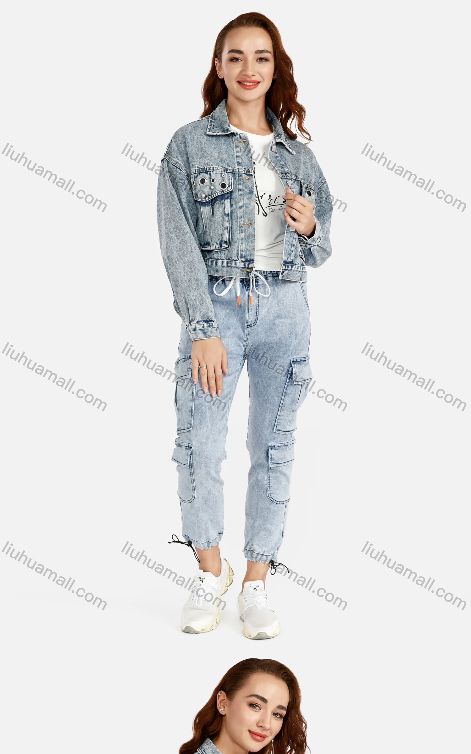 Wholesale Women's Fashion Long Sleeve Button Front Rhinestone Crop Denim Jacket - Liuhuamall