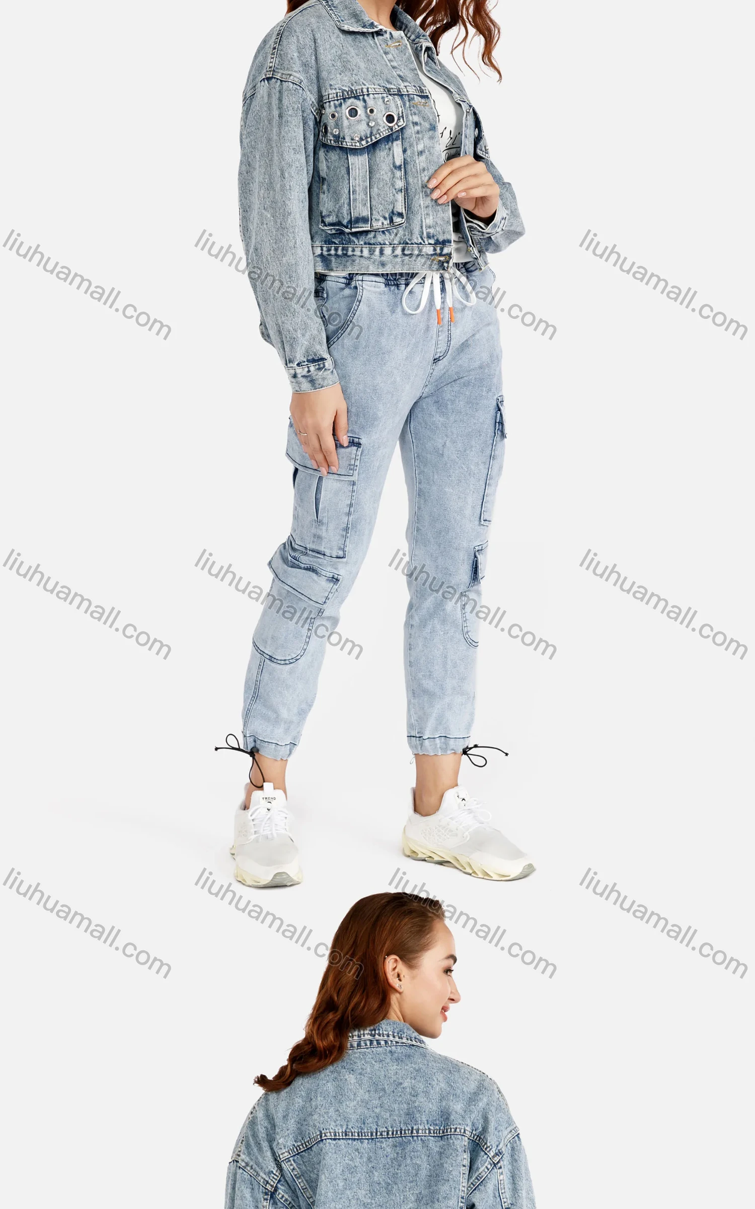 Wholesale Women's Fashion Long Sleeve Button Front Rhinestone Crop Denim Jacket - Liuhuamall