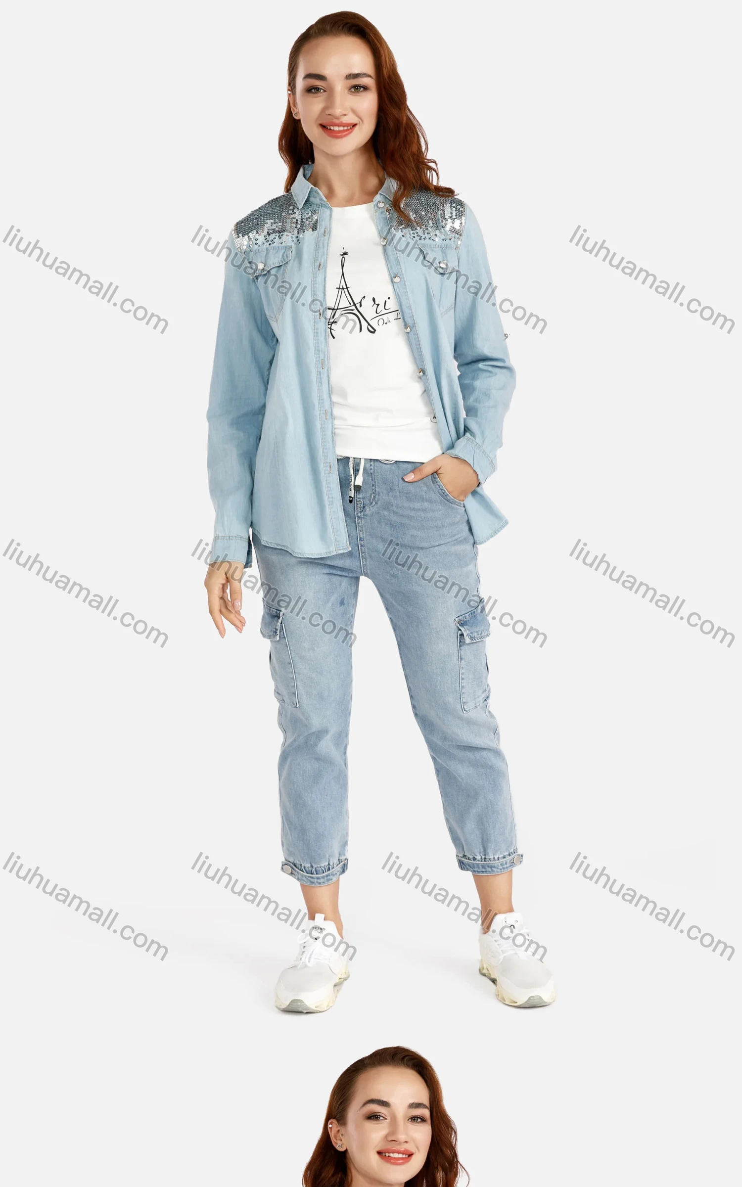 Wholesale Women's Fashion Long Sleeve Sequin Button Front Flap Pockets Denim Shirt - Liuhuamall