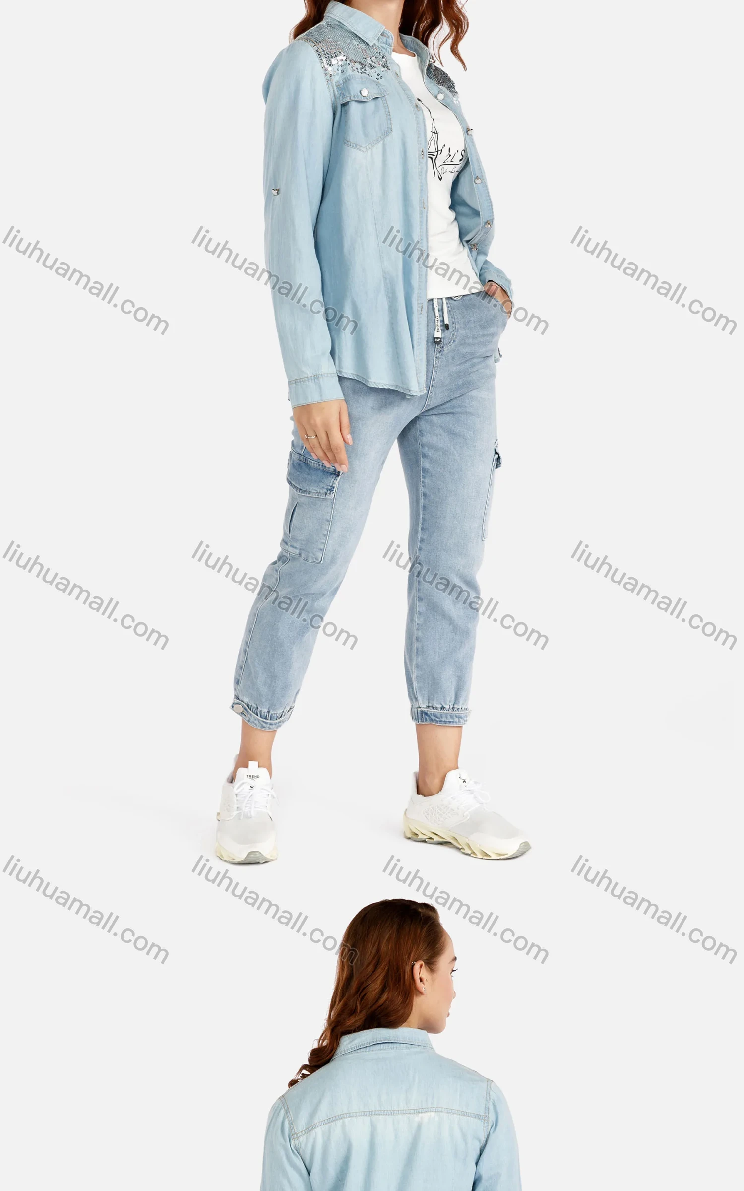 Wholesale Women's Fashion Long Sleeve Sequin Button Front Flap Pockets Denim Shirt - Liuhuamall