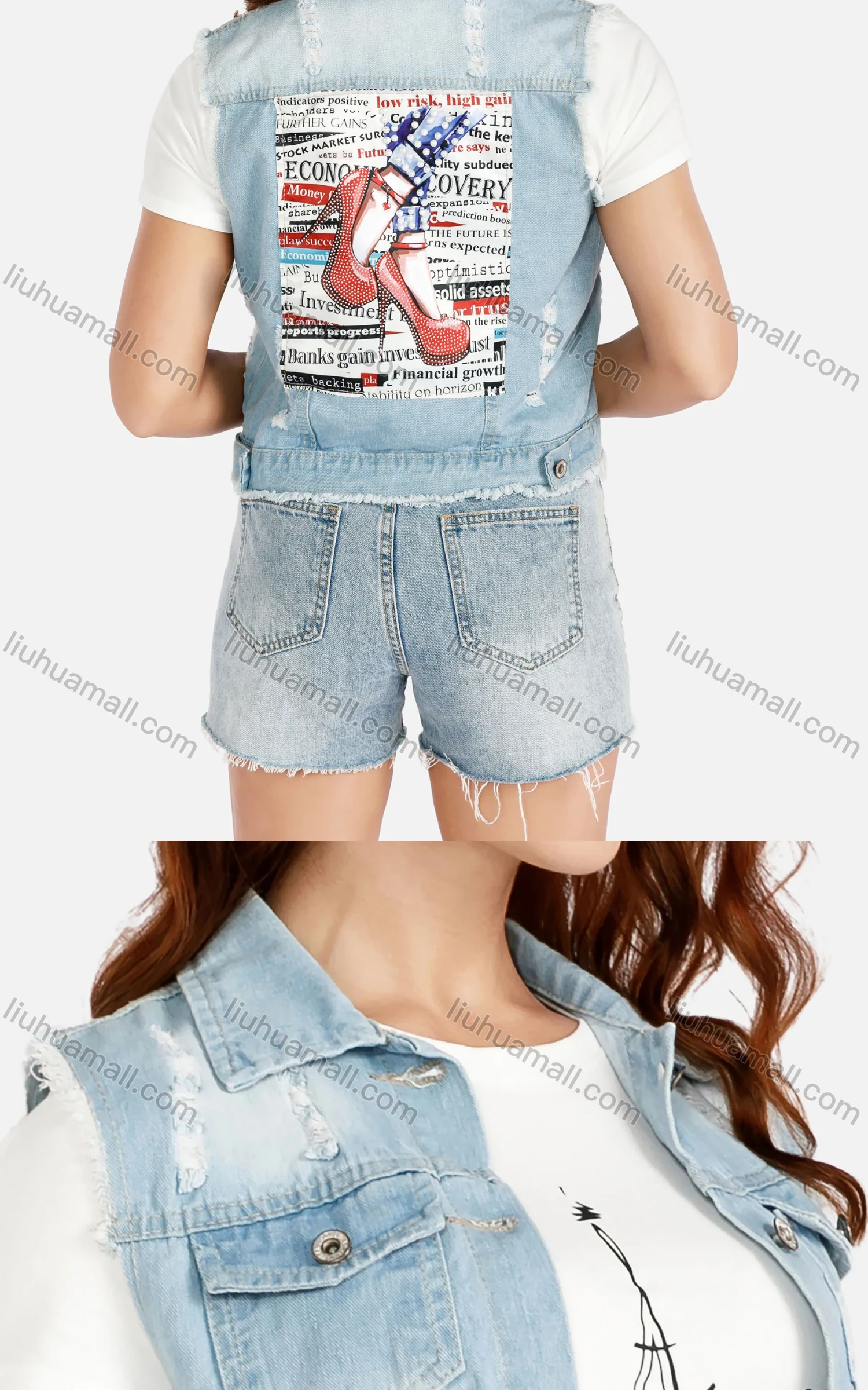 Wholesale Women's Casual Graphic Print Button Front Flap Pockets Distressed Denim Vest Jacket - Liuhuamall