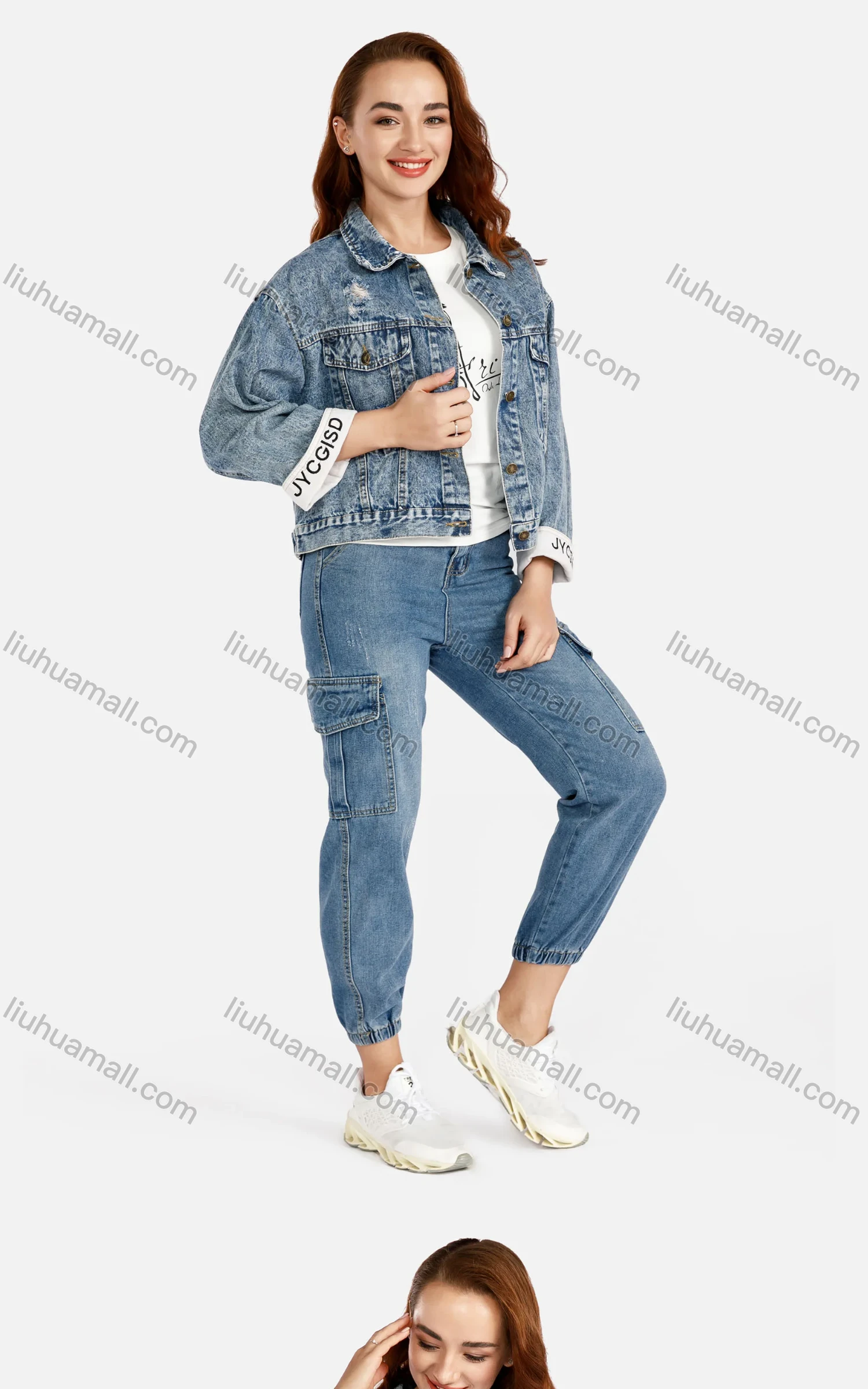 Wholesale Women's Casual Letter Embroidery Flap Pockets Ripped Button Down Distressed Crop Denim Jacket - Liuhuamall