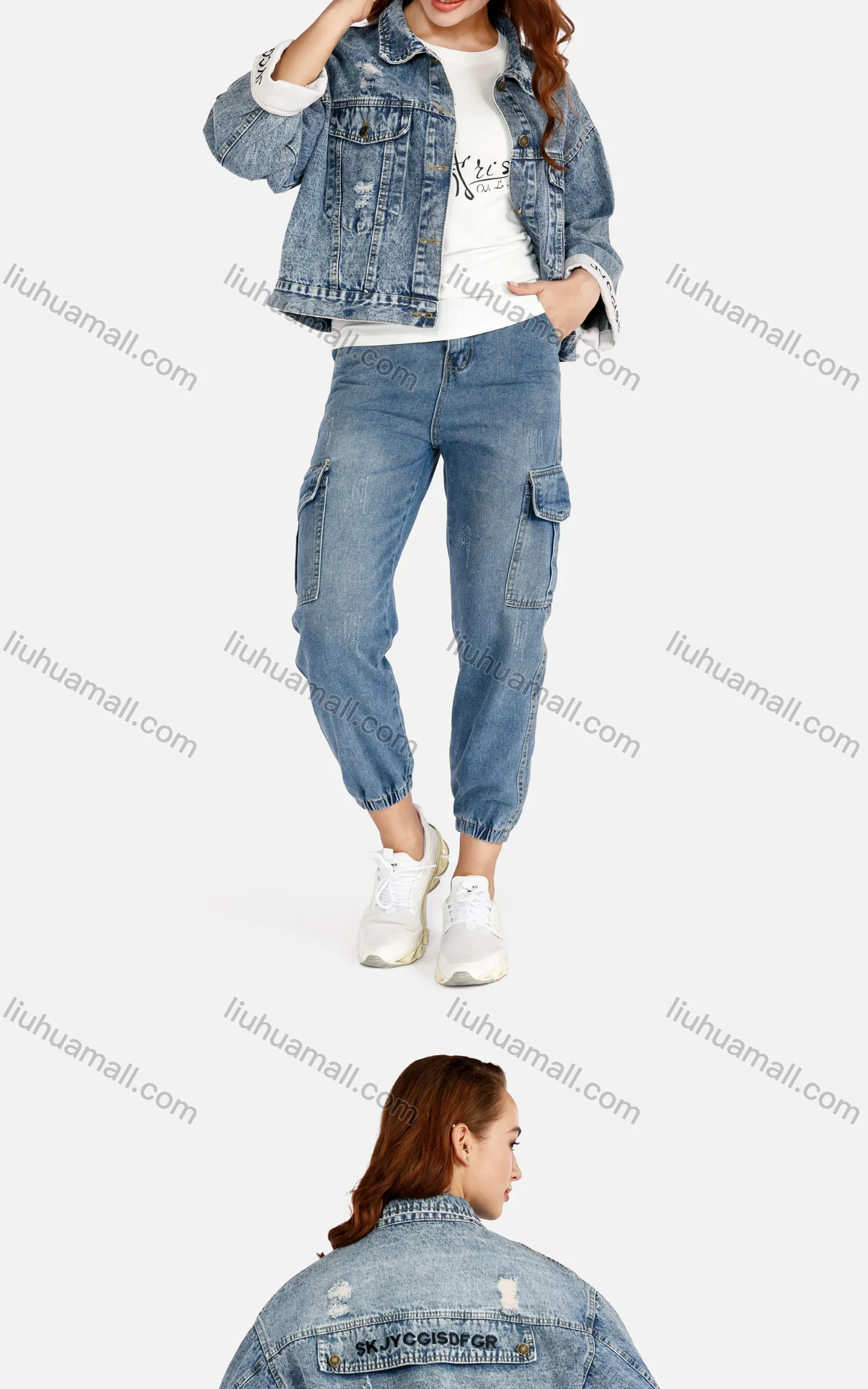 Wholesale Women's Casual Letter Embroidery Flap Pockets Ripped Button Down Distressed Crop Denim Jacket - Liuhuamall