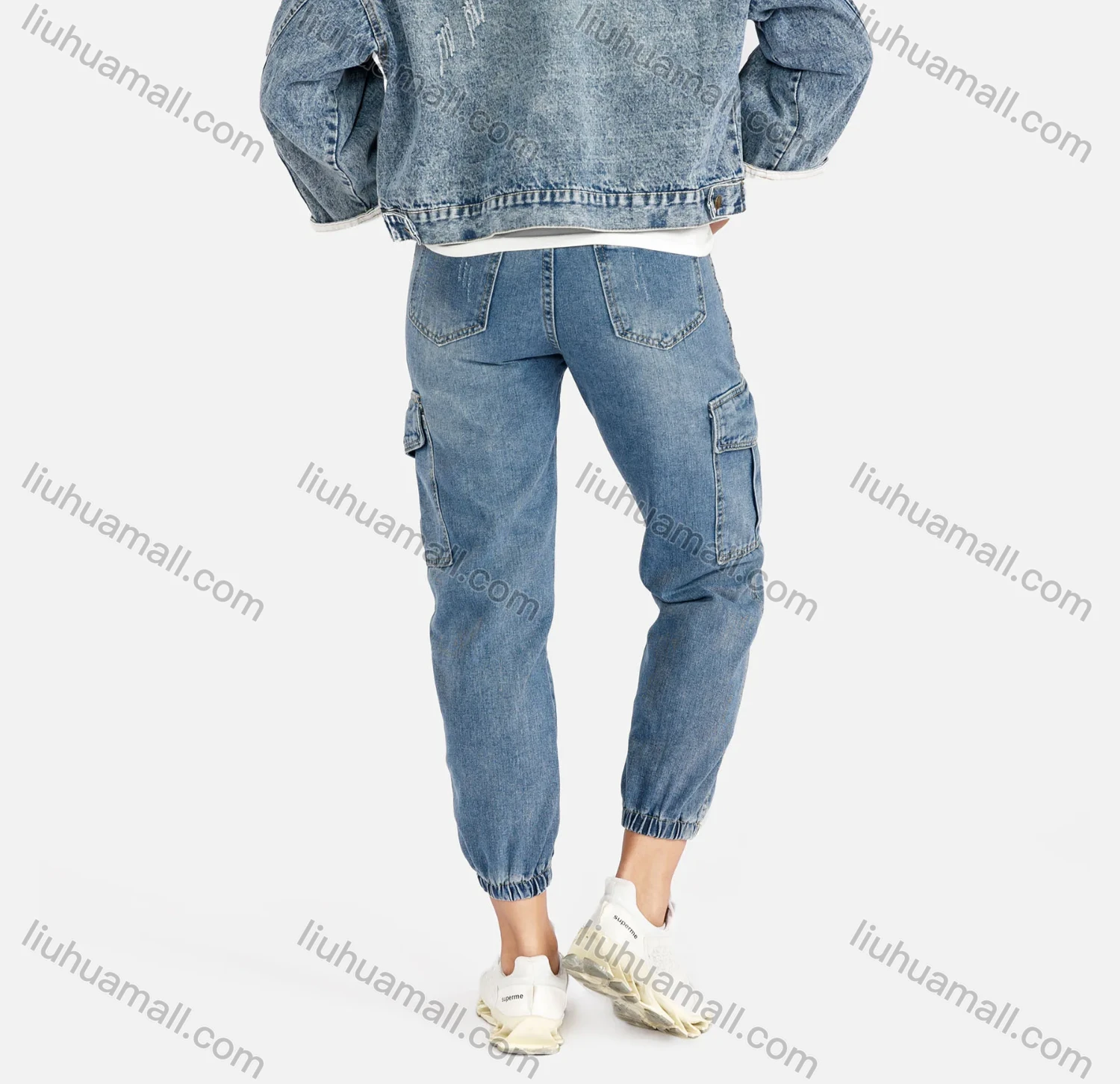 Wholesale Women's Casual Letter Embroidery Flap Pockets Ripped Button Down Distressed Crop Denim Jacket - Liuhuamall