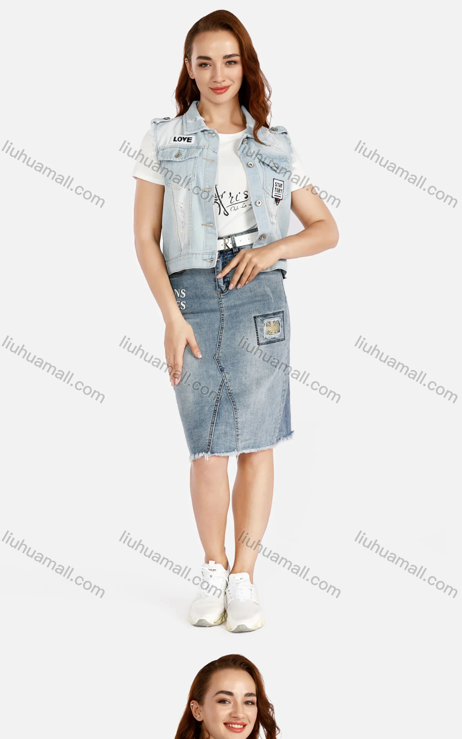 Wholesale Women's Graphic Print Distressed Flap Pockets Ripped Button Front Denim Vest - Liuhuamall