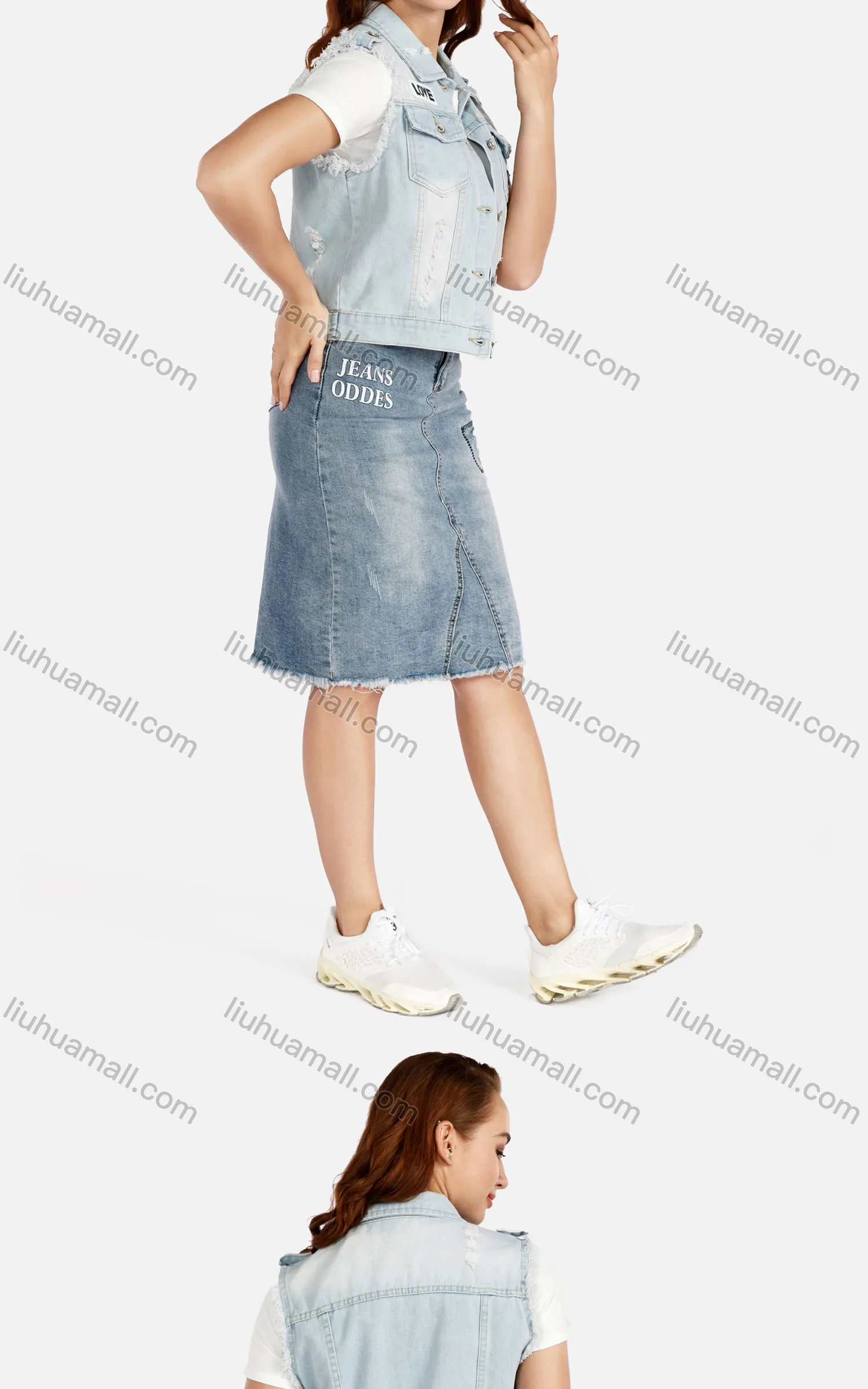 Wholesale Women's Graphic Print Distressed Flap Pockets Ripped Button Front Denim Vest - Liuhuamall