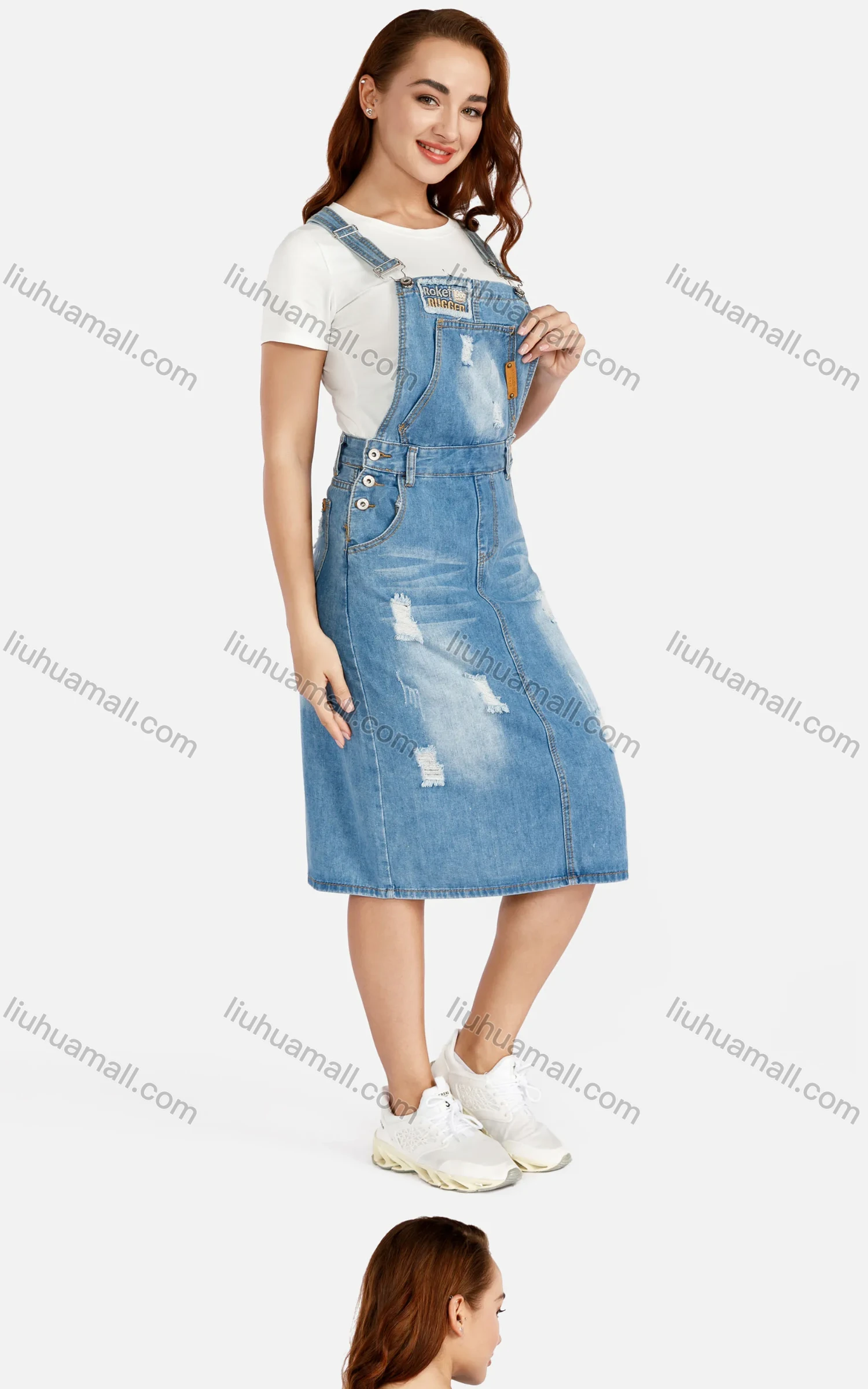 Wholesale Women's Distressed Plain Suspender Ripped Patch Pocket Pinafore Denim Dress - Liuhuamall