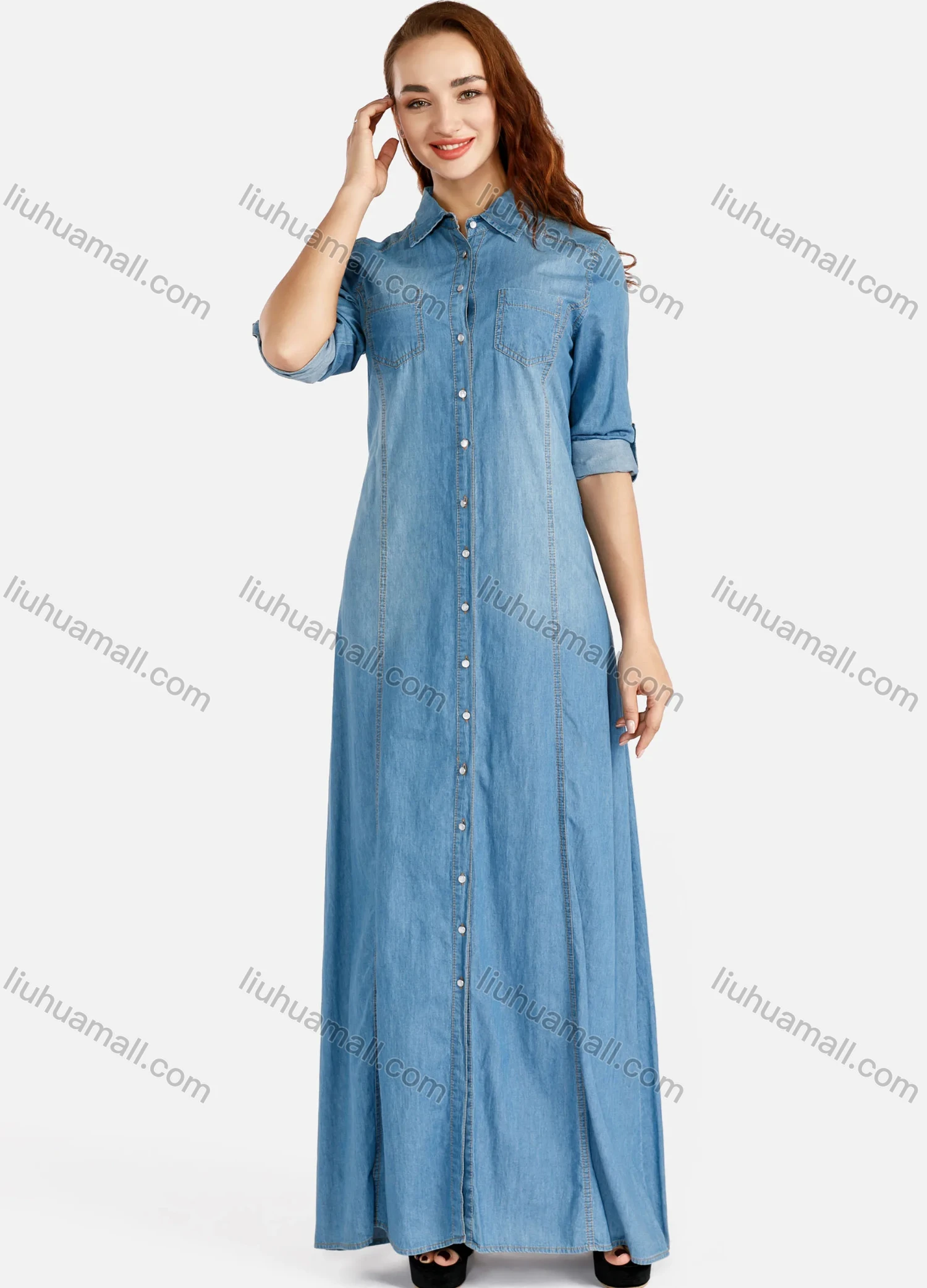 Wholesale Women's Plus Size Casual Button Front Long Sleeve Denim Maxi Shirt Dress - Liuhuamall