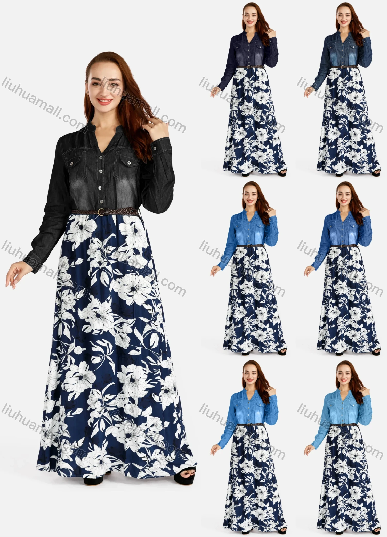 Wholesale Women's Casual Notch Neck Button Down Shirt & Maxi Floral Dress Denim 2 Piece Set - Liuhuamall