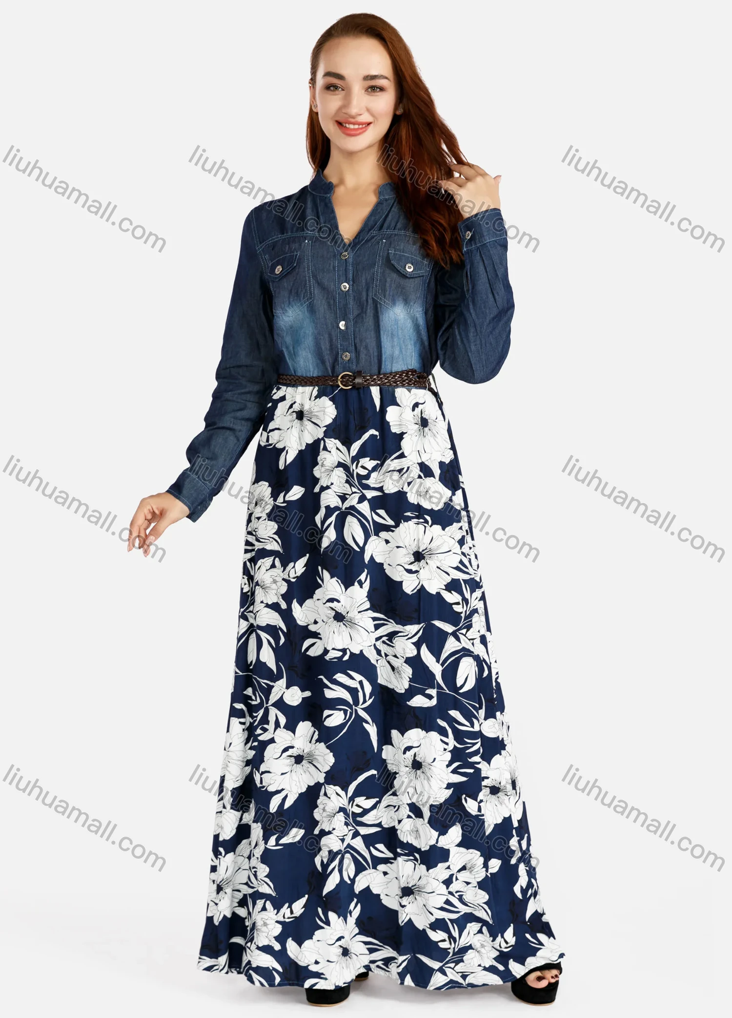Wholesale Women's Casual Notch Neck Button Down Shirt & Maxi Floral Dress Denim 2 Piece Set - Liuhuamall