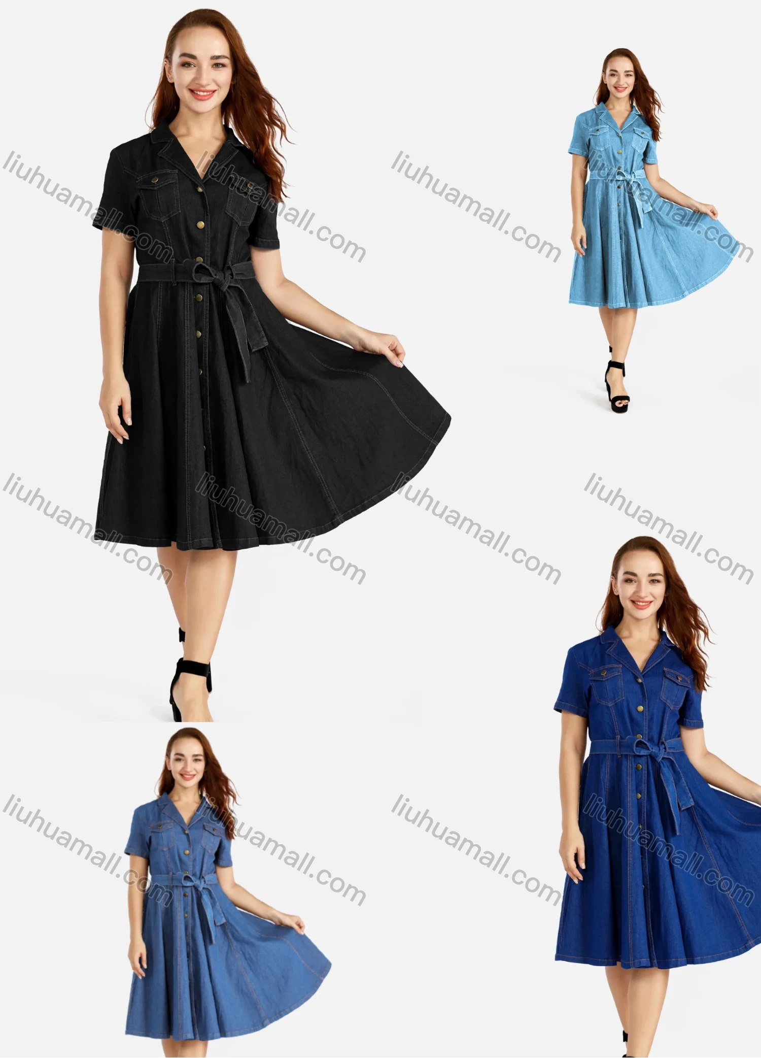 Wholesale Women's Plus Size Casual Lapel Button Front Belted Denim Shirt Dress - Liuhuamall