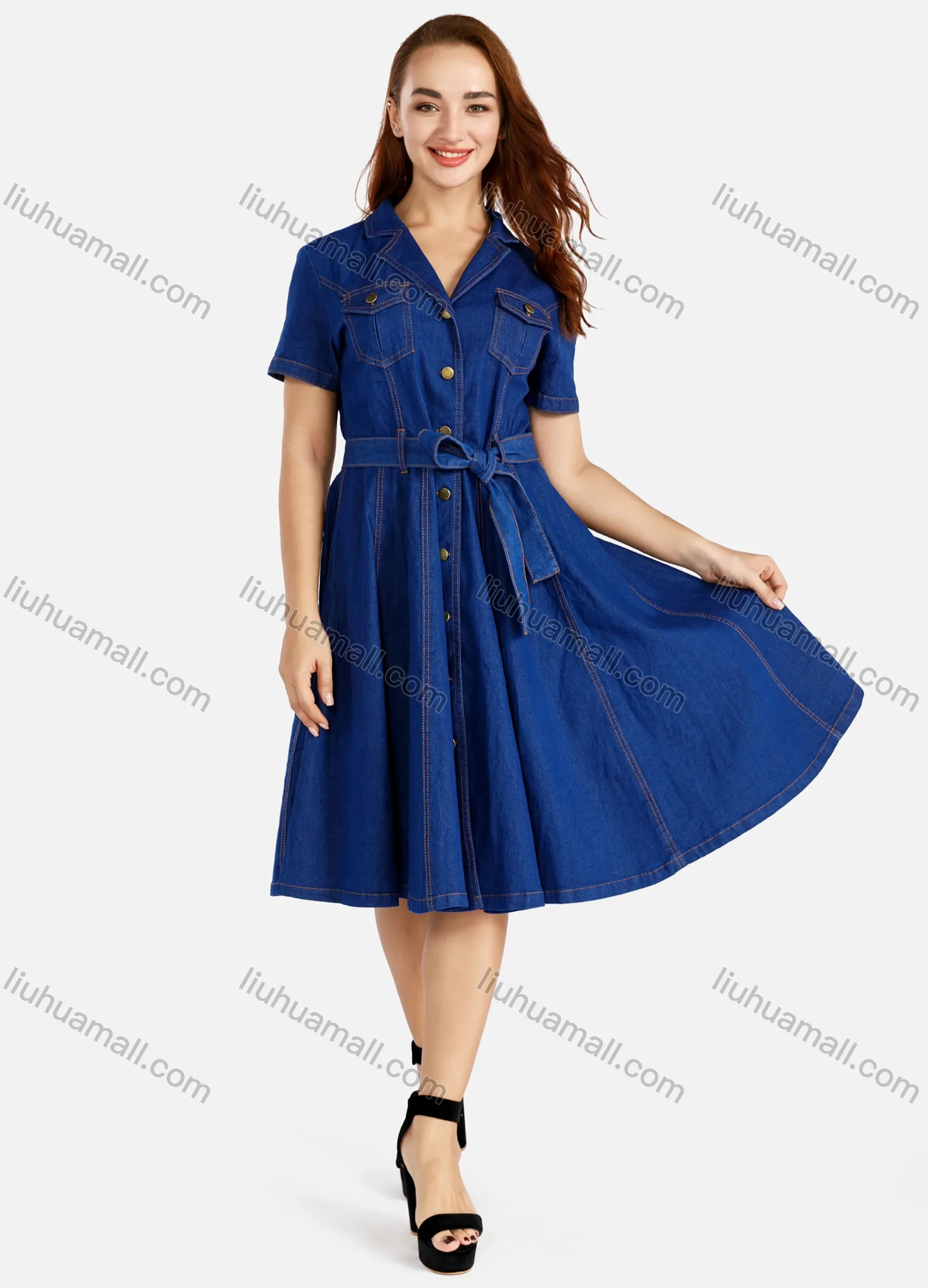 Wholesale Women's Plus Size Casual Lapel Button Front Belted Denim Shirt Dress - Liuhuamall