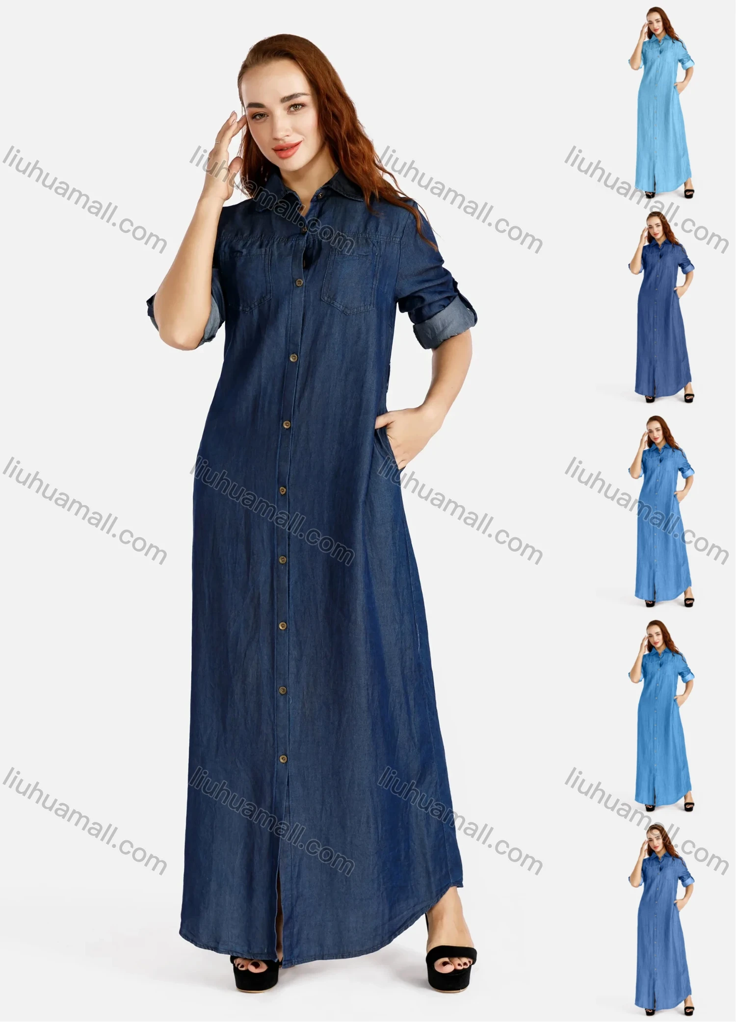 Wholesale Women's Plus Size Causal Stand Collar Button Front Maxi Denim Shirt Dress - Liuhuamall