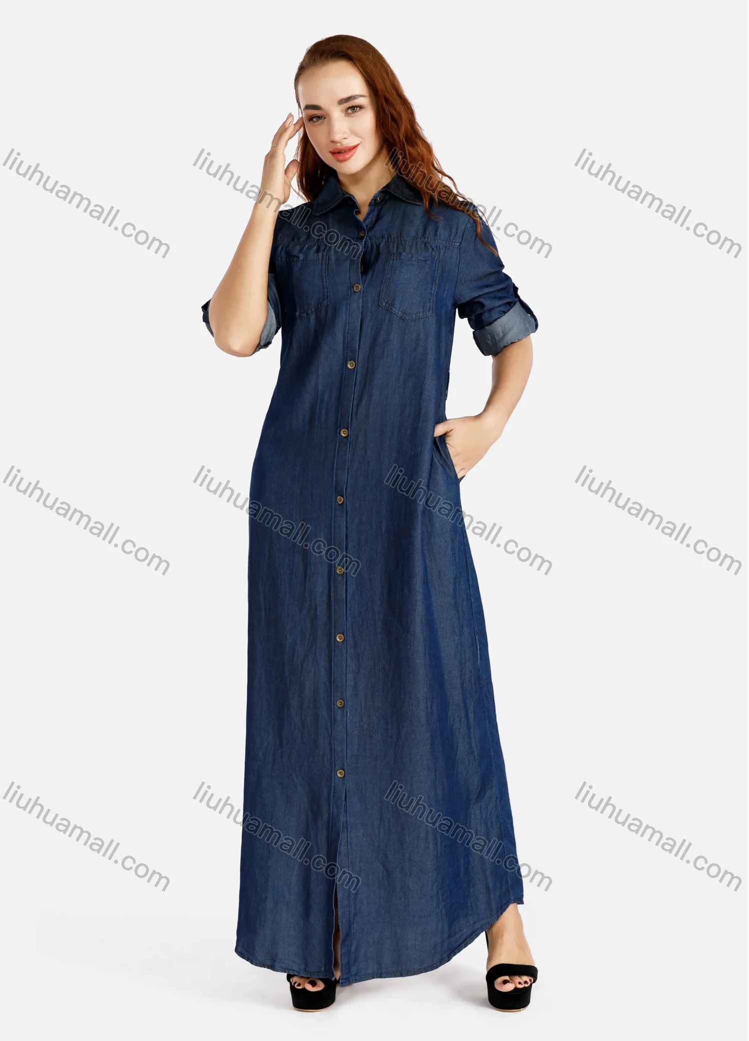 Wholesale Women's Plus Size Causal Stand Collar Button Front Maxi Denim Shirt Dress - Liuhuamall