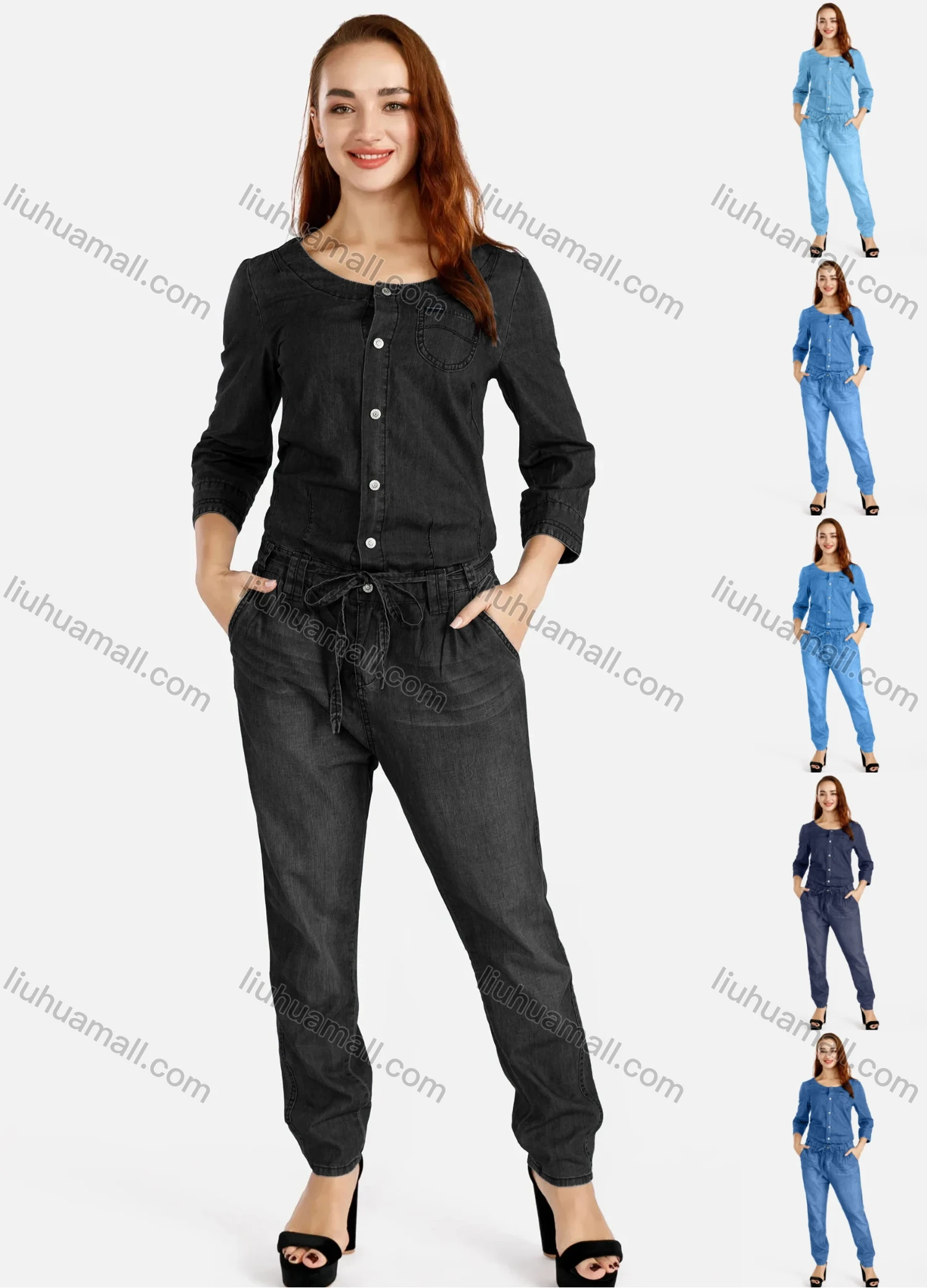 Wholesale Women's Plus Size Casual Round Neck Button Front Top & Straight Leg Pants Denim 2 Piece Set - Liuhuamall