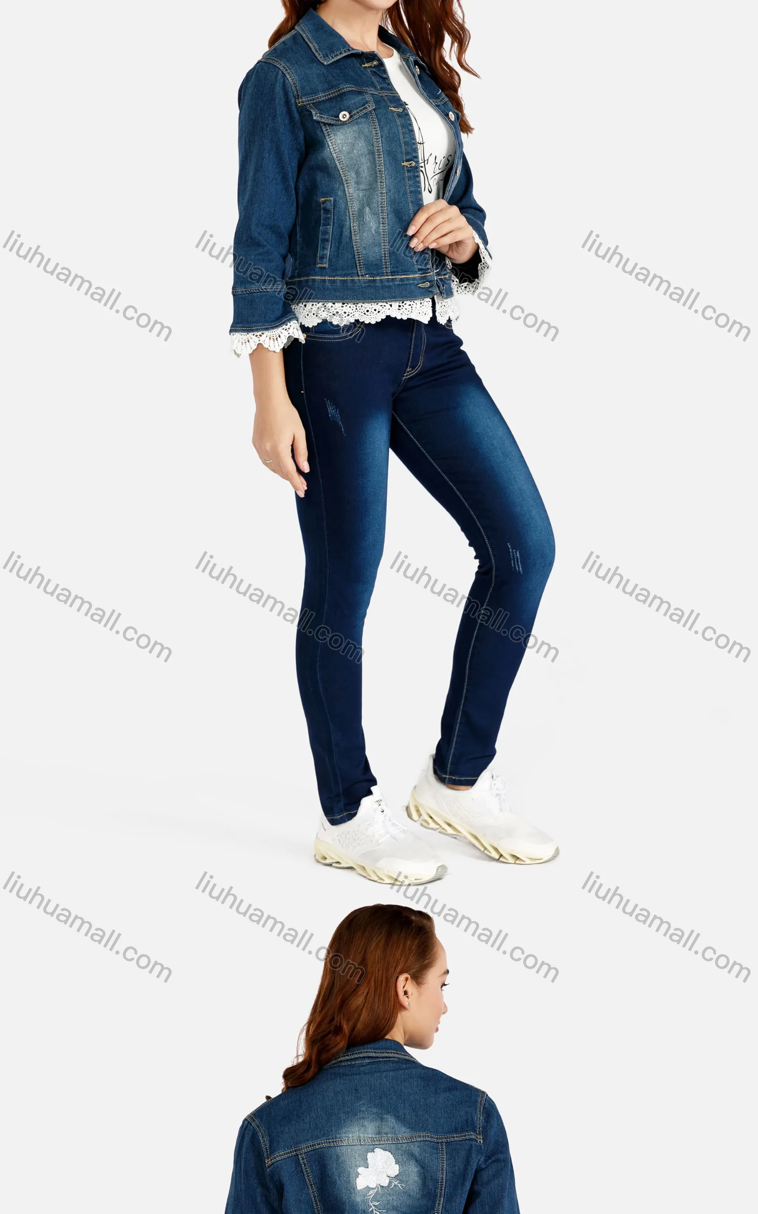 Wholesale Women's Casual Splicing Lace Trim Long Sleeve Button Front Denim Jacket & Pocket Skinny Jeans Set - Liuhuamall