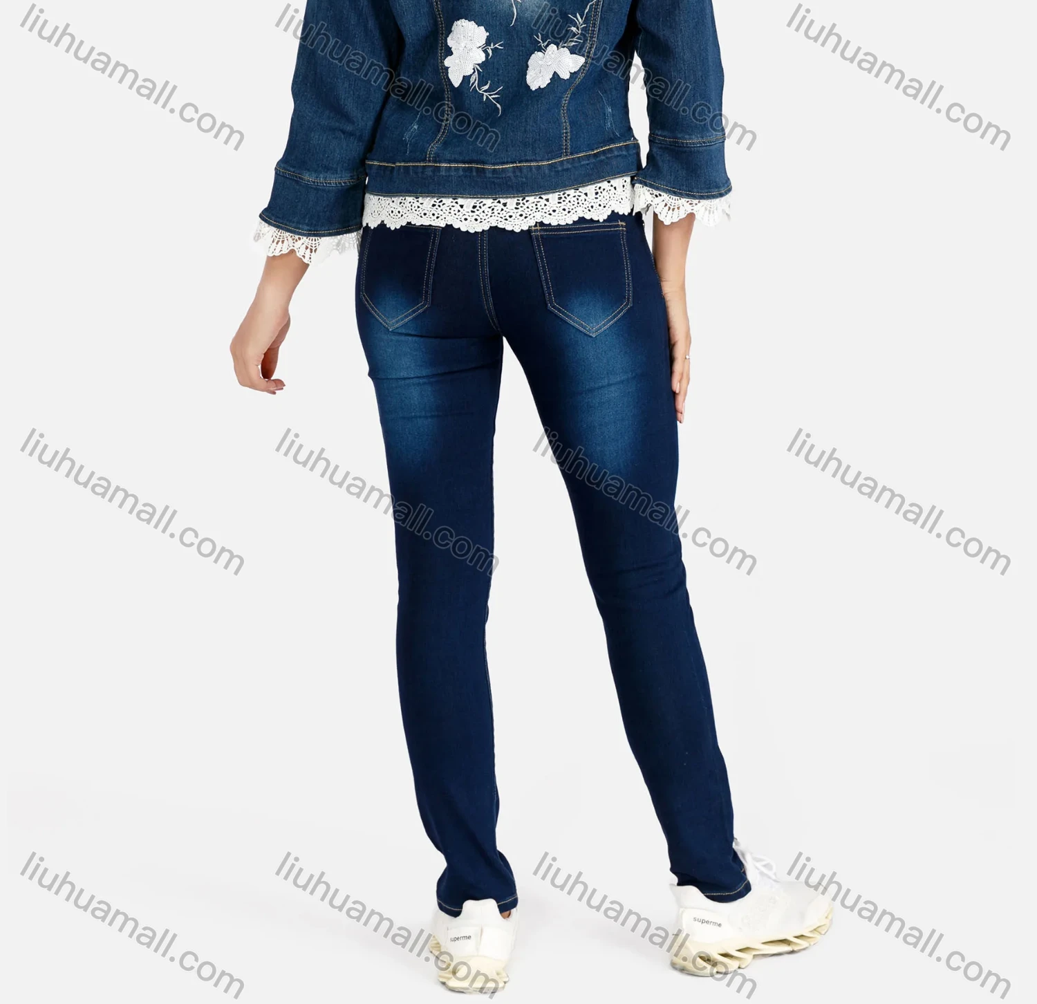 Wholesale Women's Casual Splicing Lace Trim Long Sleeve Button Front Denim Jacket & Pocket Skinny Jeans Set - Liuhuamall