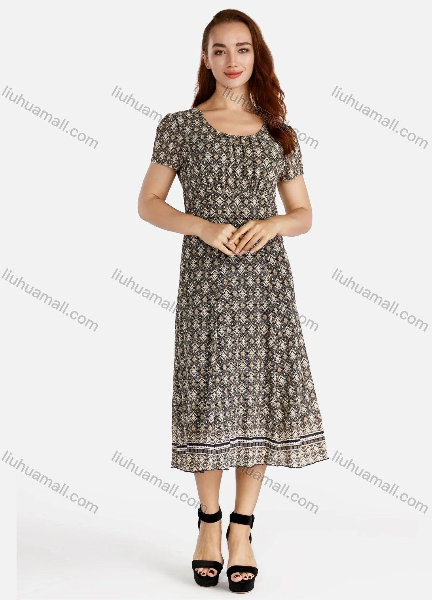 Wholesale Women's Casual Short Sleeve Round Neck Vintage Print Midi Dress - Liuhuamall