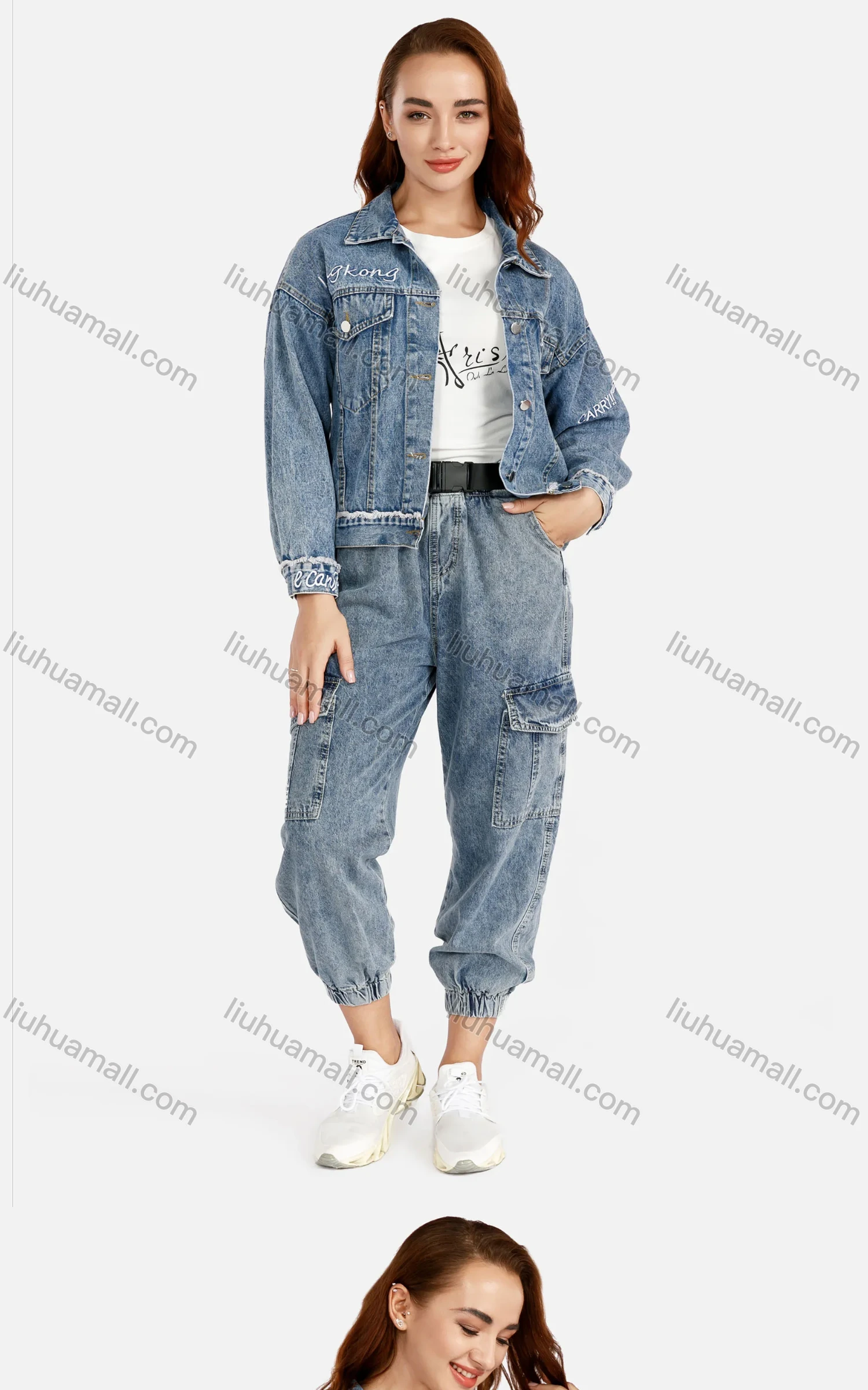 Wholesale Women's Casual Long Sleeve Button Front Letter Flap Pockets Denim Jacket & Wide Leg Jeans Set - Liuhuamall