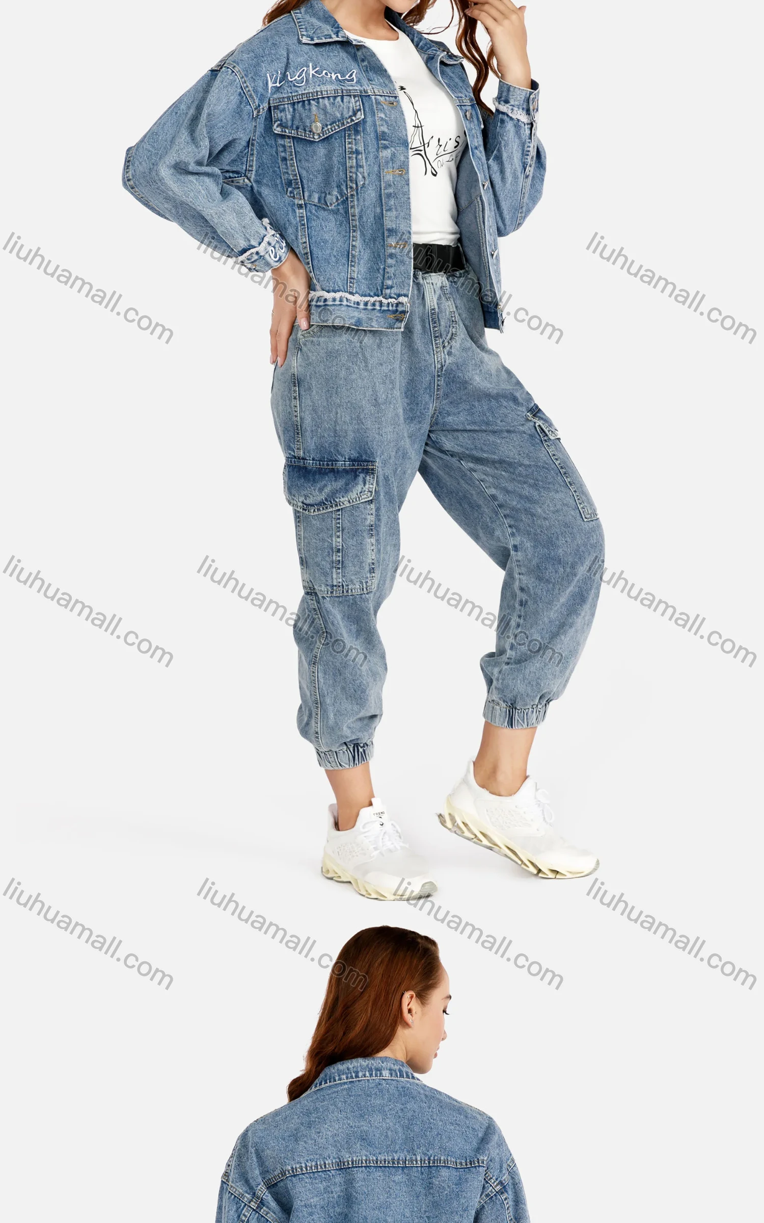 Wholesale Women's Casual Long Sleeve Button Front Letter Flap Pockets Denim Jacket & Wide Leg Jeans Set - Liuhuamall