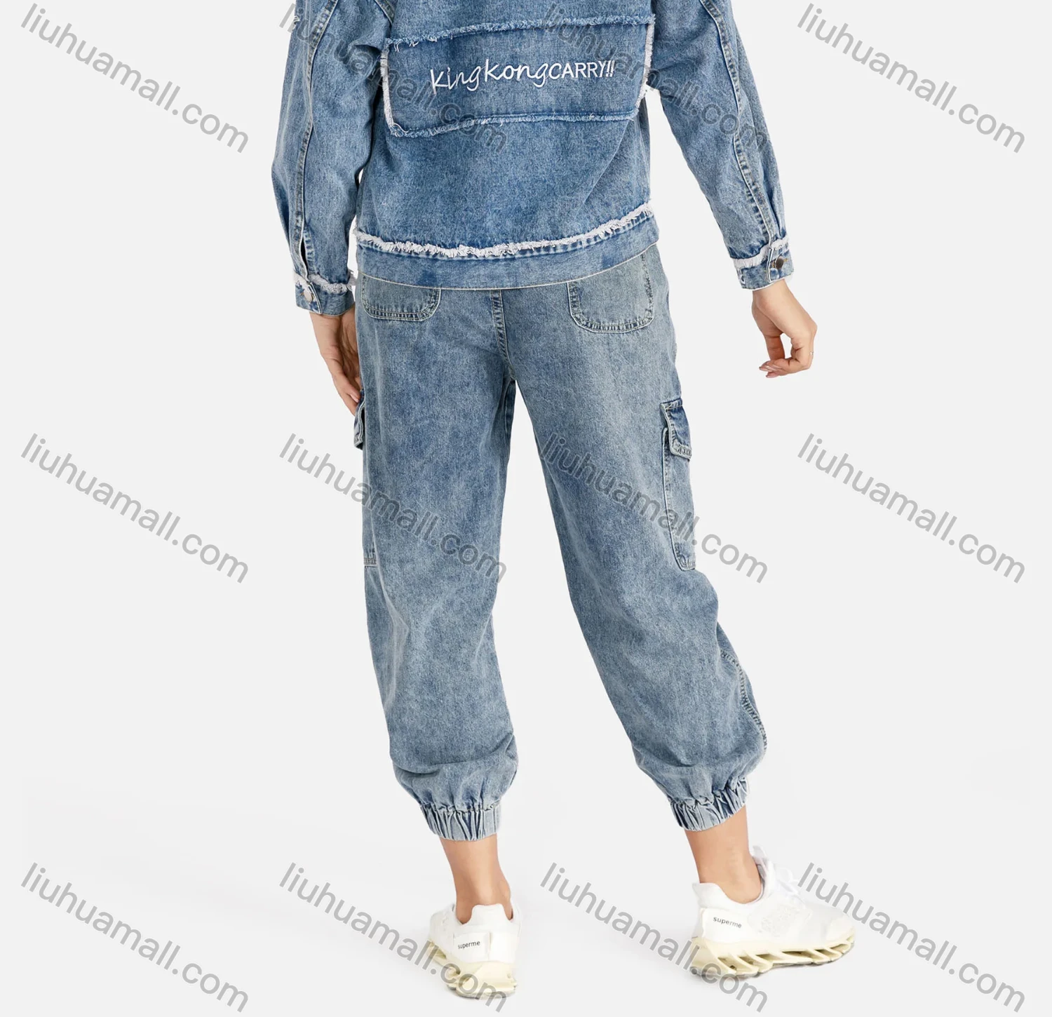 Wholesale Women's Casual Long Sleeve Button Front Letter Flap Pockets Denim Jacket & Wide Leg Jeans Set - Liuhuamall