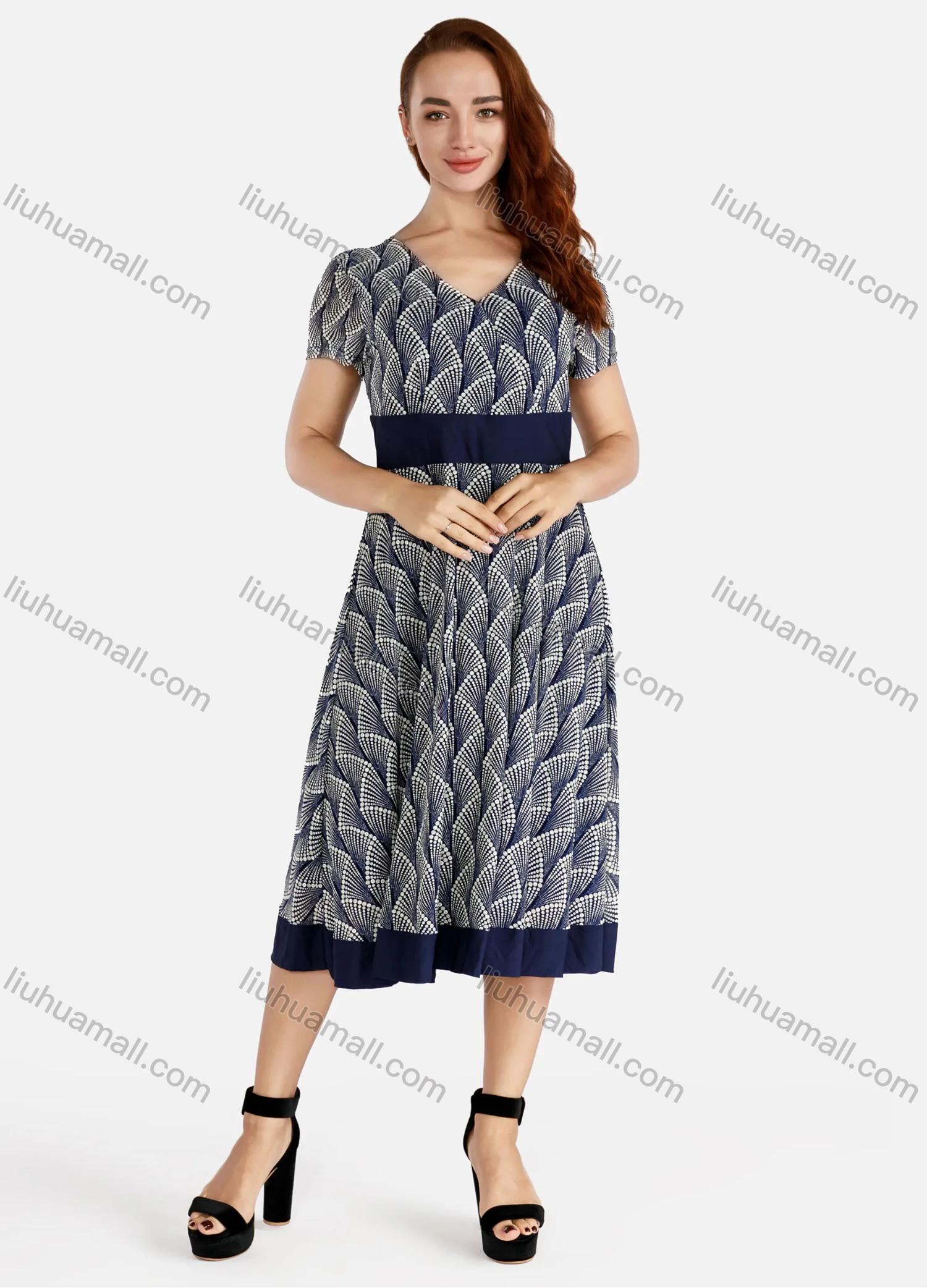 Wholesale Women's Casual Short Sleeve V-Neck Allover Print Ruffle Hem Midi Dress - Liuhuamall