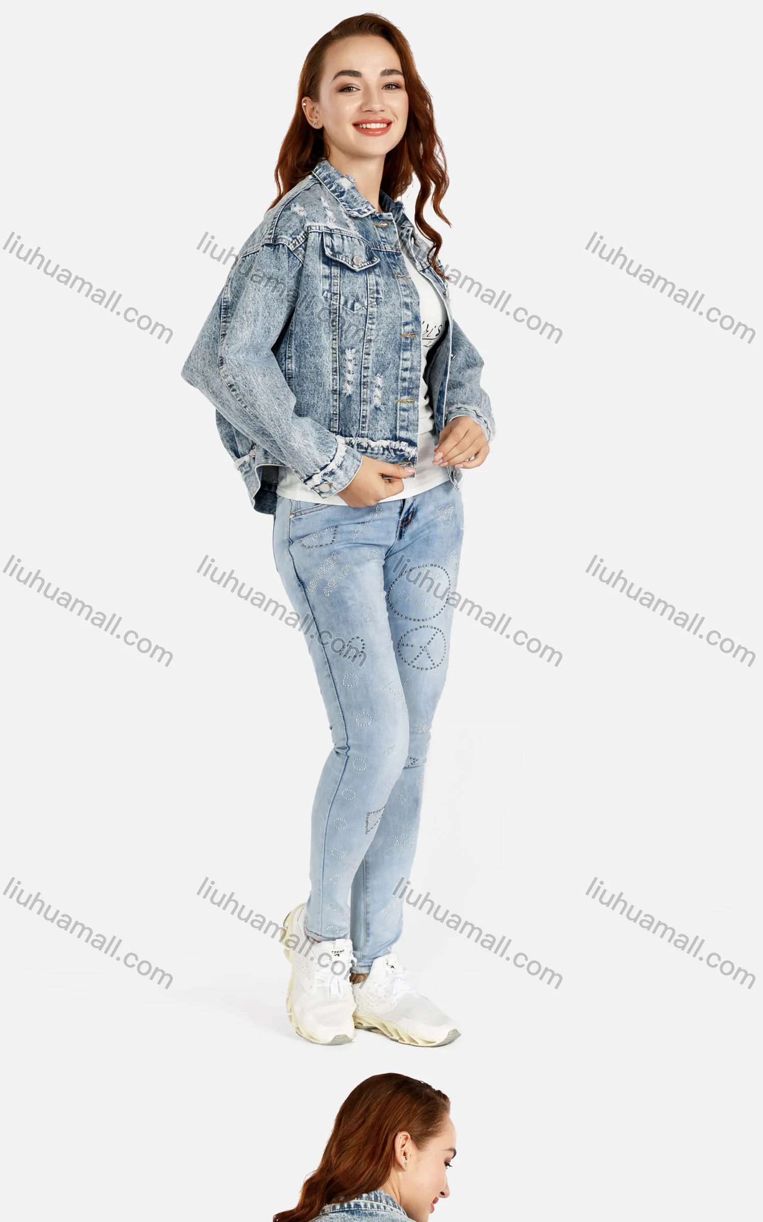 Wholesale Women's Casual Long Sleeve Ripped Button Front Graphic Crop Denim Jacket & Rhinestone Skinny Jeans Set - Liuhuamall