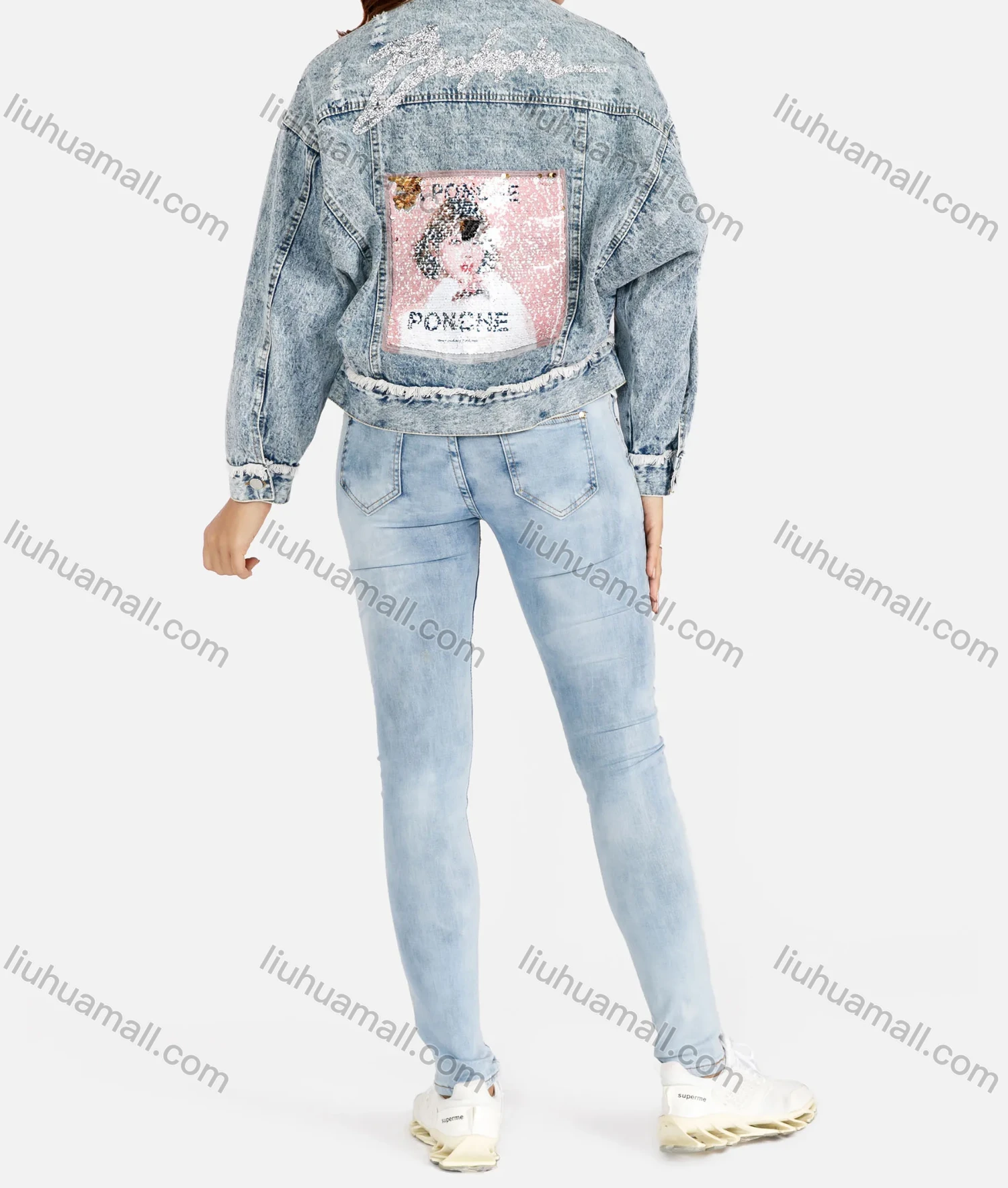 Wholesale Women's Casual Long Sleeve Ripped Button Front Graphic Crop Denim Jacket & Rhinestone Skinny Jeans Set - Liuhuamall
