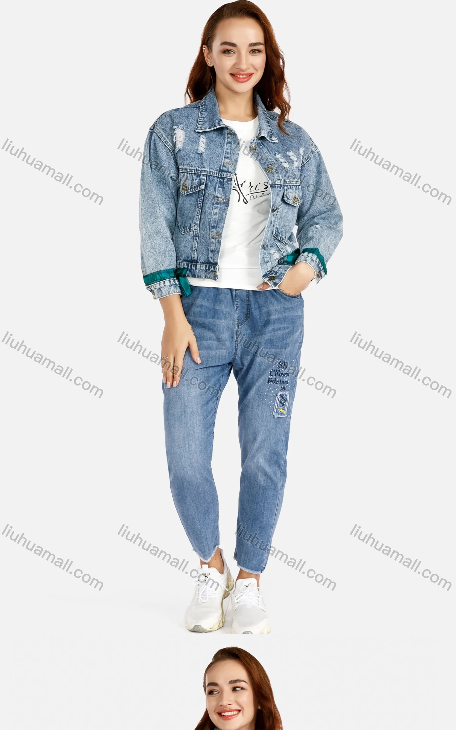 Wholesale Women's Casual Floral Fitted Ripped Button Front Crop Denim Jacket & Skinny Long Jeans Set - Liuhuamall