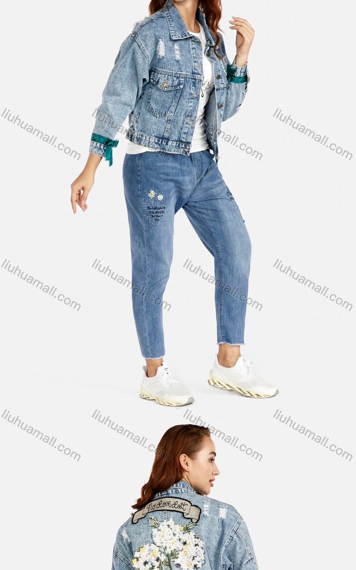 Wholesale Women's Casual Floral Fitted Ripped Button Front Crop Denim Jacket & Skinny Long Jeans Set - Liuhuamall