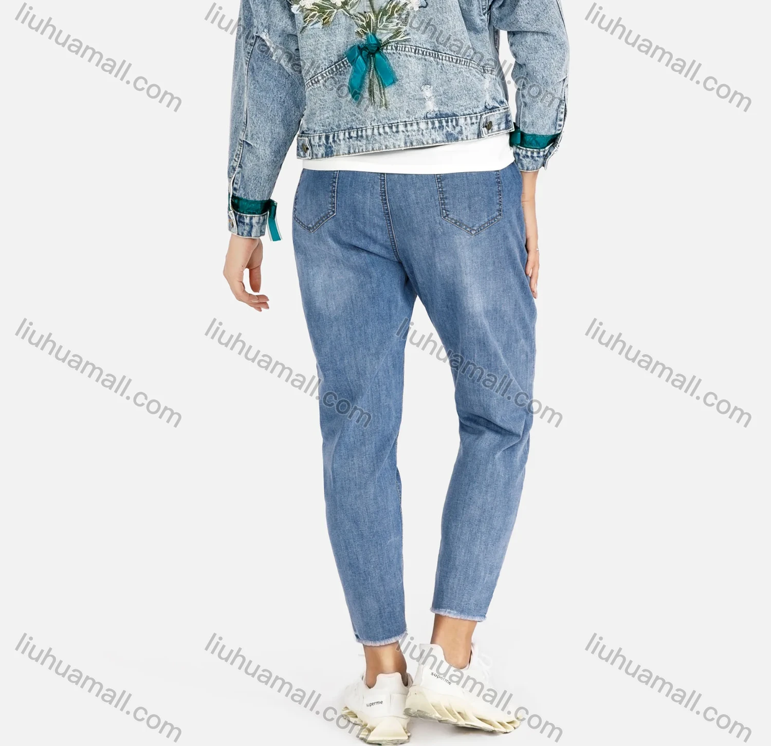 Wholesale Women's Casual Floral Fitted Ripped Button Front Crop Denim Jacket & Skinny Long Jeans Set - Liuhuamall