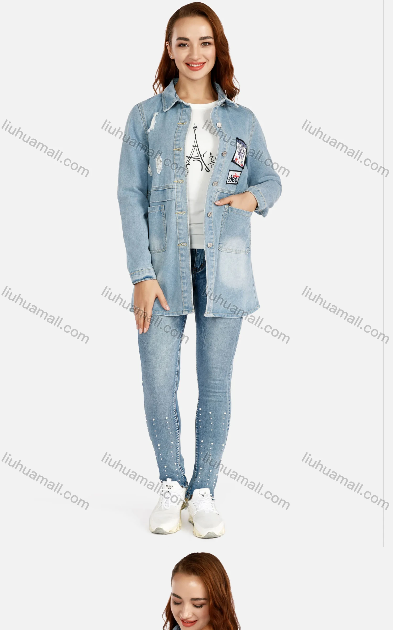 Wholesale Women's Casual Long Sleeve Ripped Button Rhinestone Label Back Split Mid Length Denim Overshirt Jacket - Liuhuamall