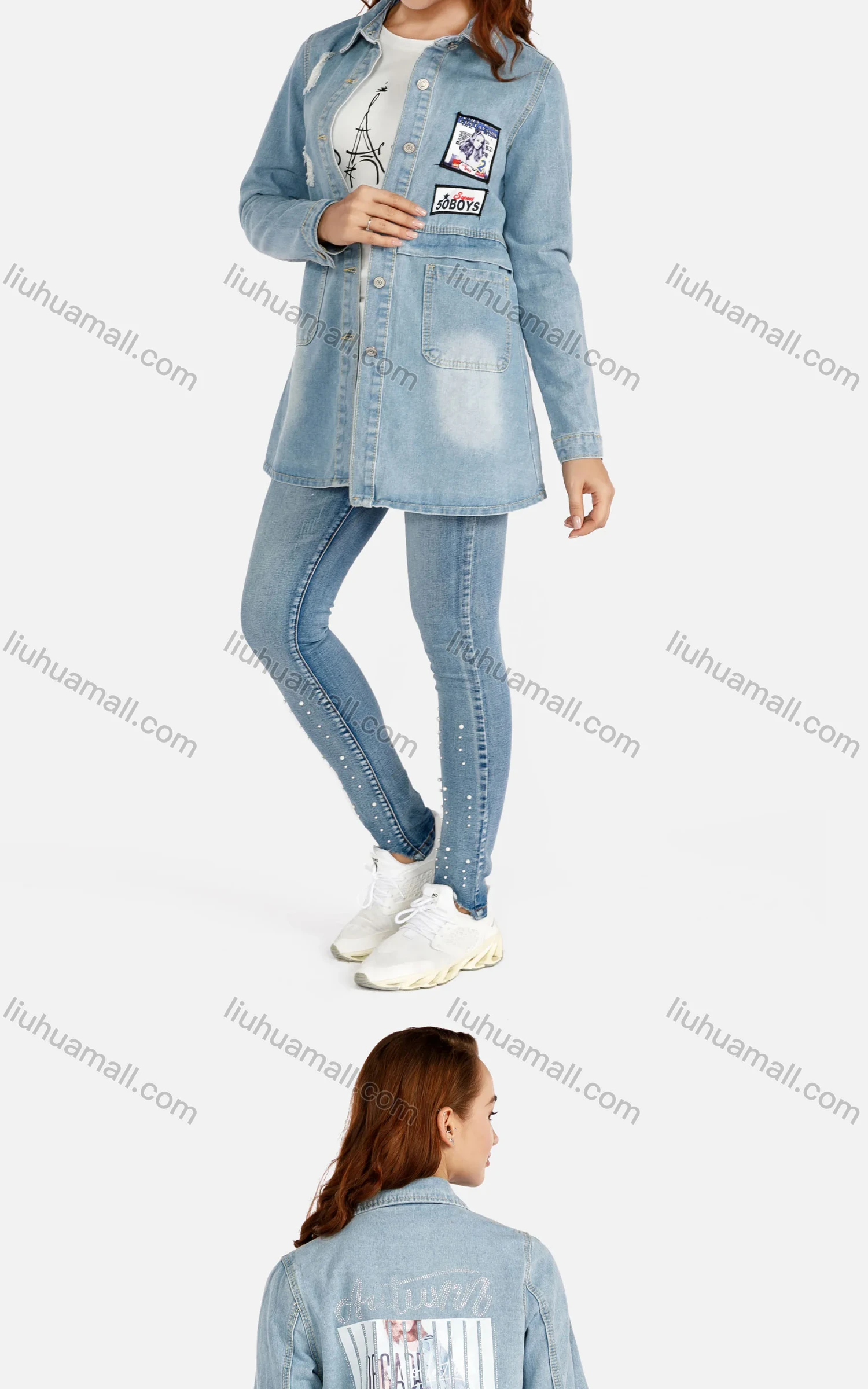 Wholesale Women's Casual Long Sleeve Ripped Button Rhinestone Label Back Split Mid Length Denim Overshirt Jacket - Liuhuamall
