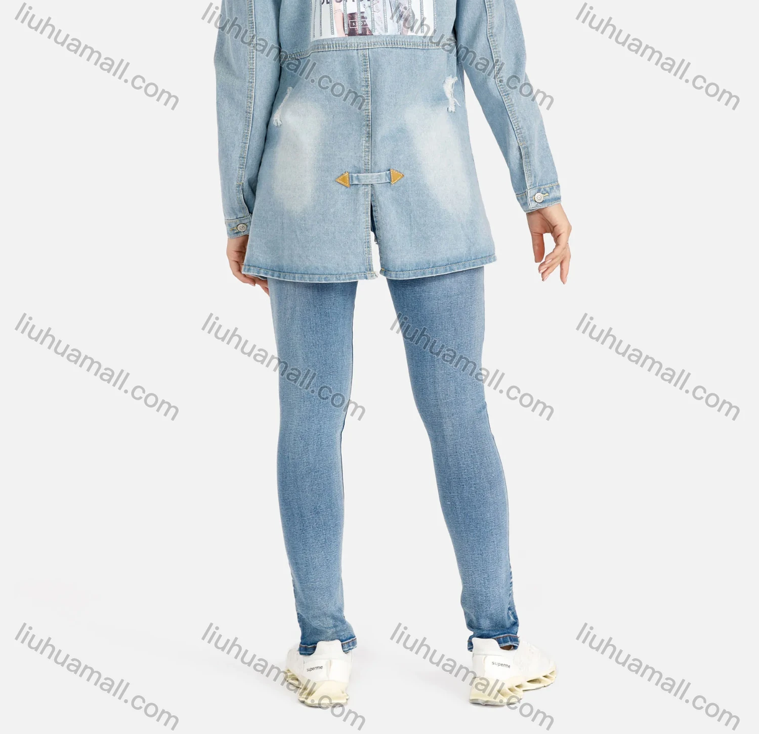 Wholesale Women's Casual Long Sleeve Ripped Button Rhinestone Label Back Split Mid Length Denim Overshirt Jacket - Liuhuamall