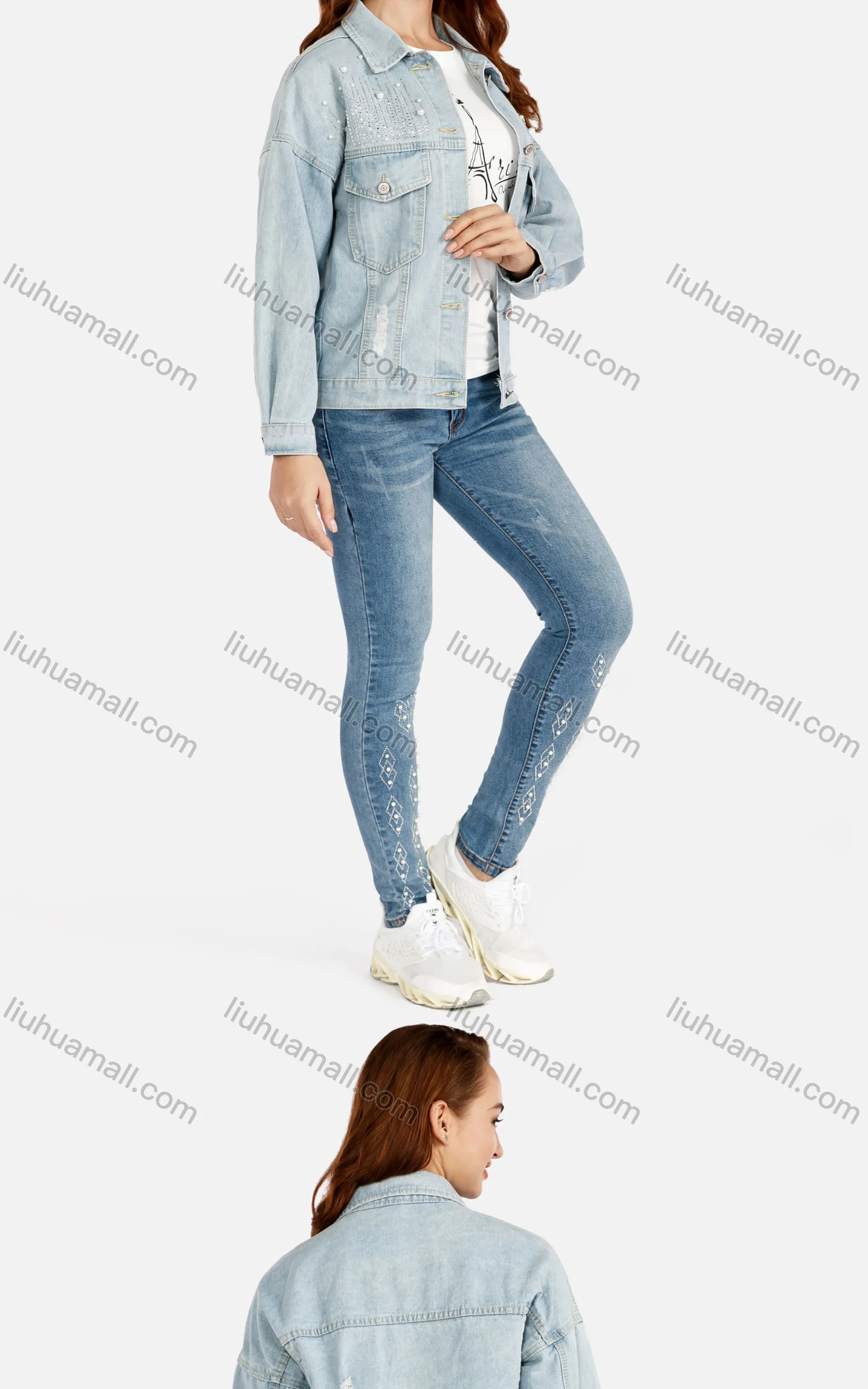 Wholesale Women's Plain Long Sleeve Ripped Distressed Rhinestone Flap Pockets Pearl Decor Denim Jacket - Liuhuamall