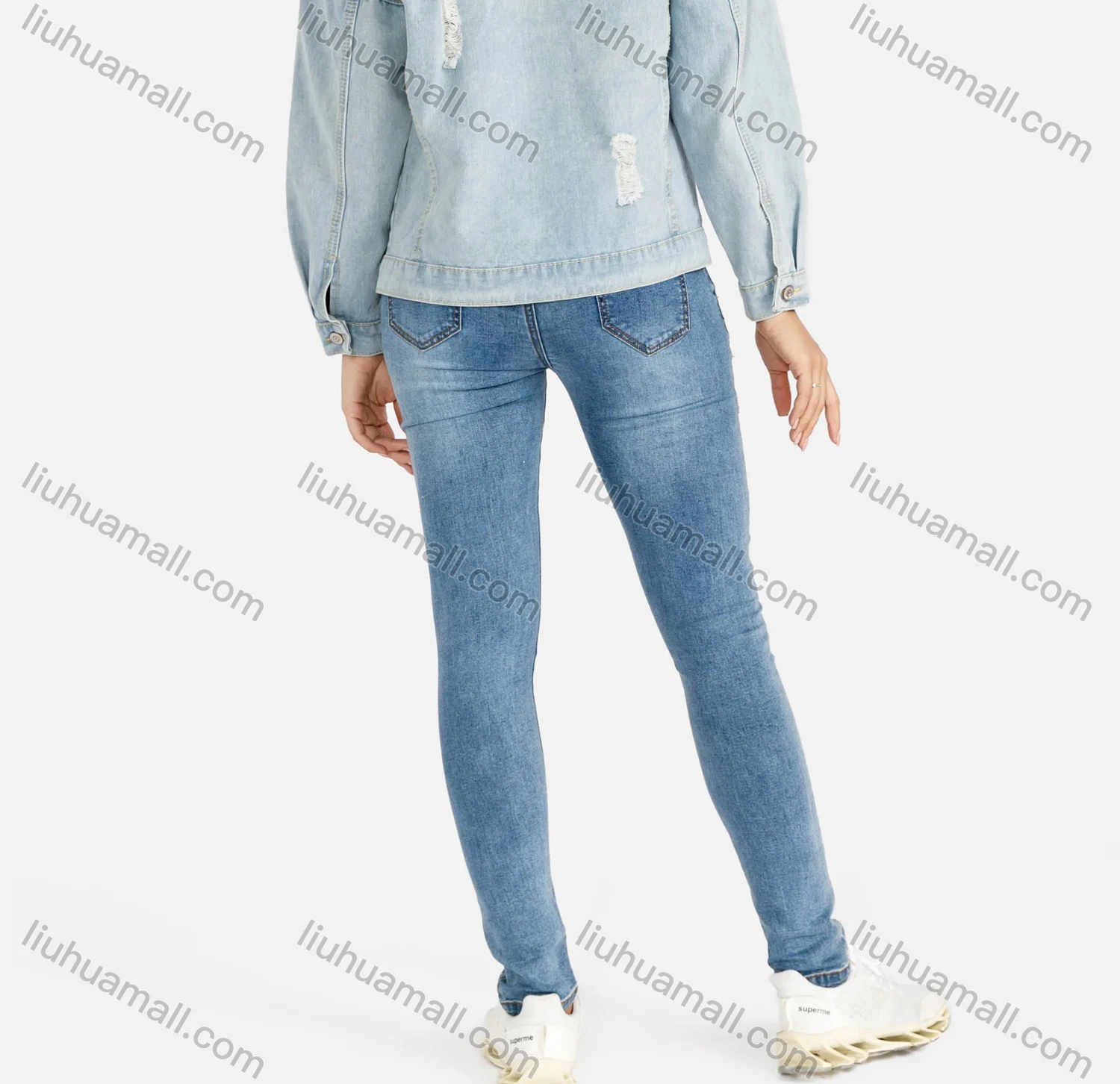 Wholesale Women's Plain Long Sleeve Ripped Distressed Rhinestone Flap Pockets Pearl Decor Denim Jacket - Liuhuamall