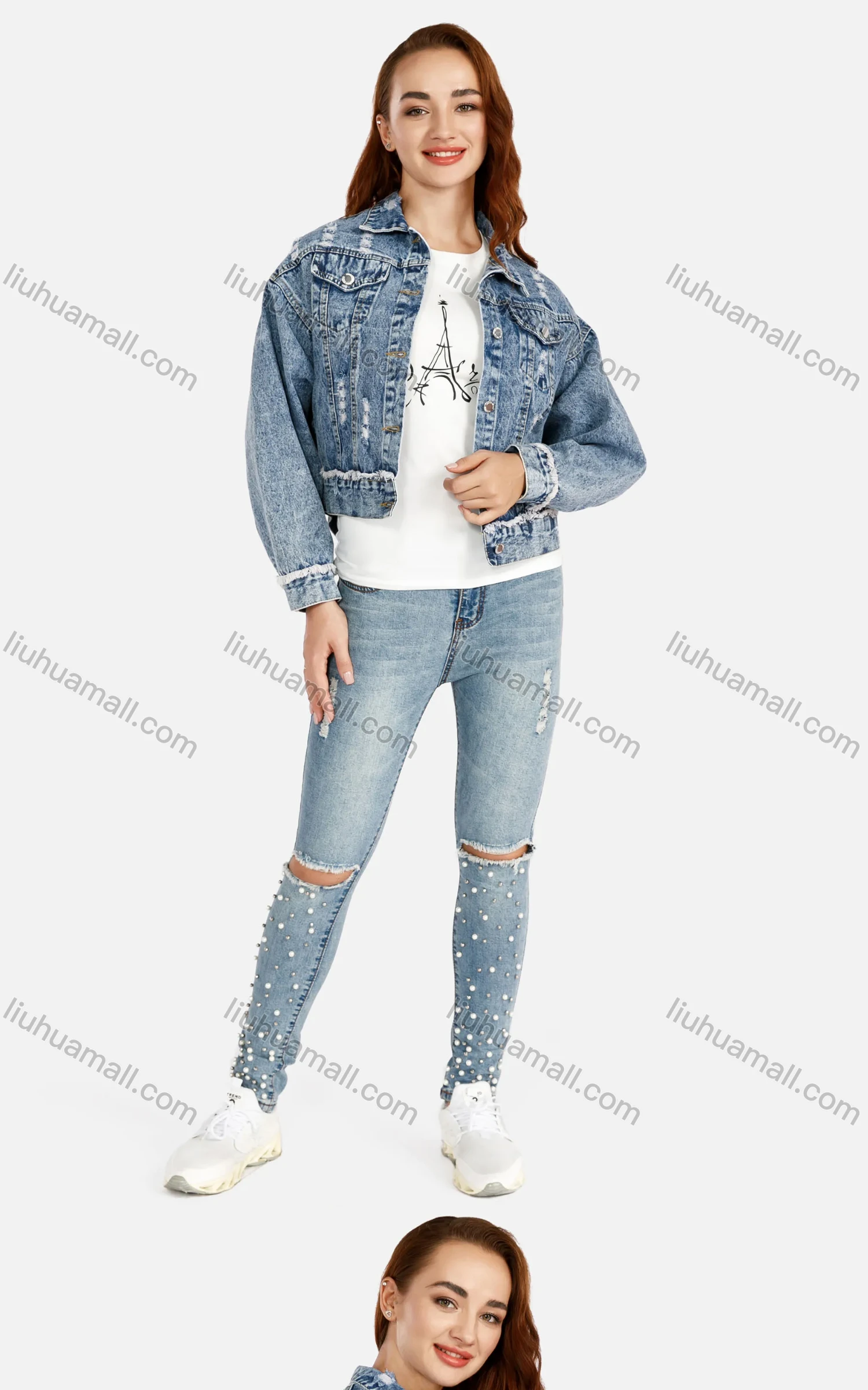 Wholesale Women's Slim Fit Pearl Decor Flap Pockets Button Front Denim Jacket & Ripped Beaded Skinny Jeans Set - Liuhuamall