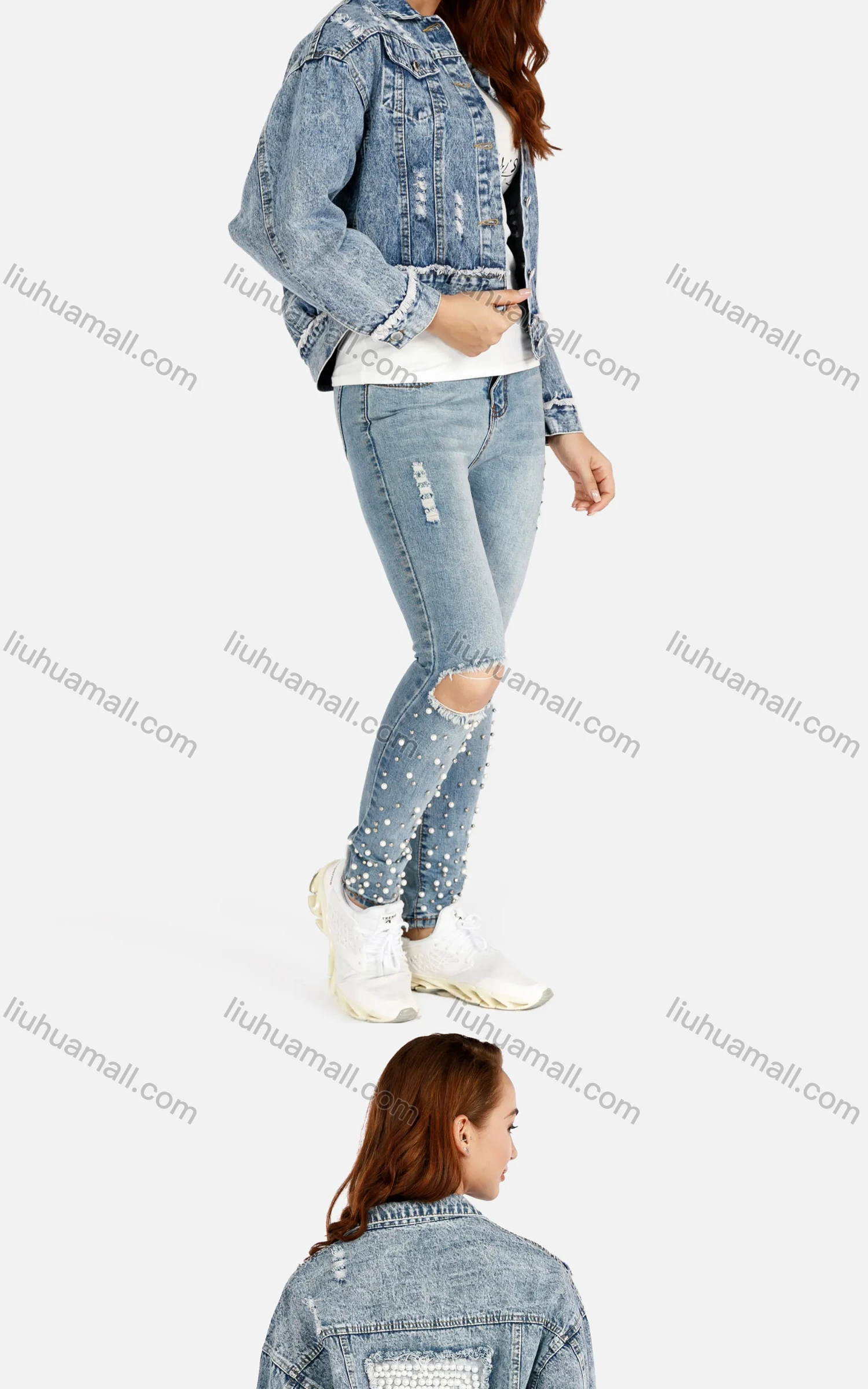 Wholesale Women's Slim Fit Pearl Decor Flap Pockets Button Front Denim Jacket & Ripped Beaded Skinny Jeans Set - Liuhuamall
