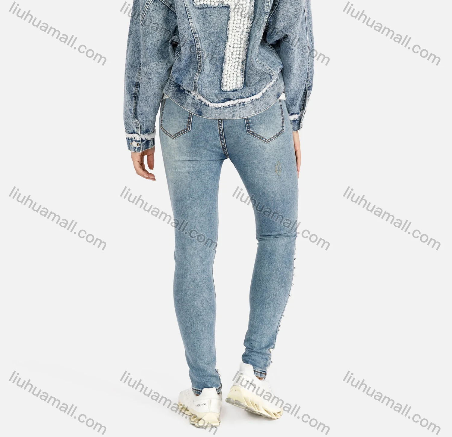 Wholesale Women's Slim Fit Pearl Decor Flap Pockets Button Front Denim Jacket & Ripped Beaded Skinny Jeans Set - Liuhuamall